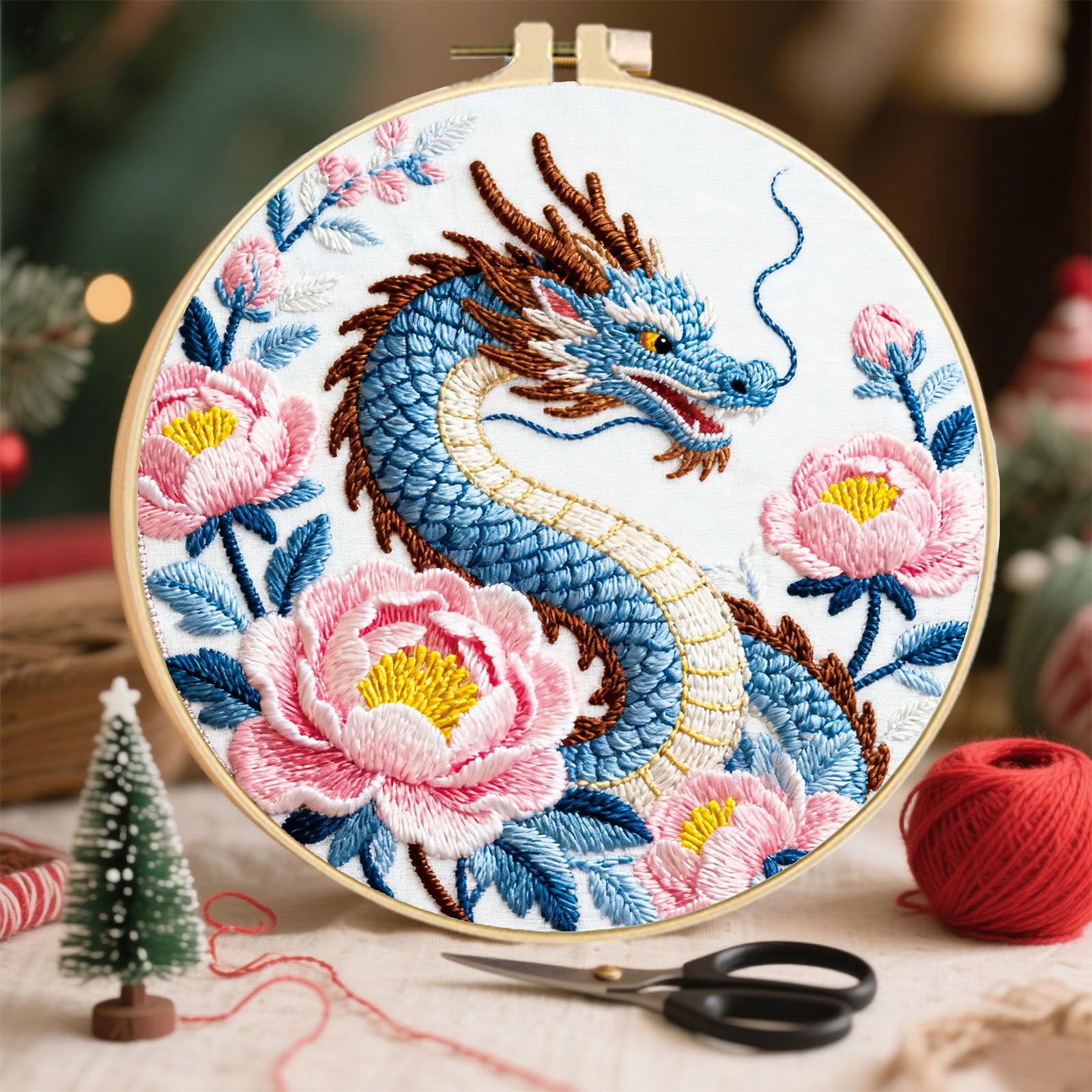 FREEBLOSS 4 Set Stickset Für Anfänger Nadelspitzen Drachen Und Wolkenmotiv Vorgedrucktes Stickset Starterset Mit Anleitung Nadeln Fäden 2 Reifen 11.6"/29.5cm