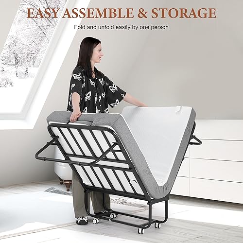 Miniatura 7 de Cama plegable con colchón de espuma, cama plegable individual para invitados, camas portátiles que ahorran espacio con ruedas bloqueables, marco de