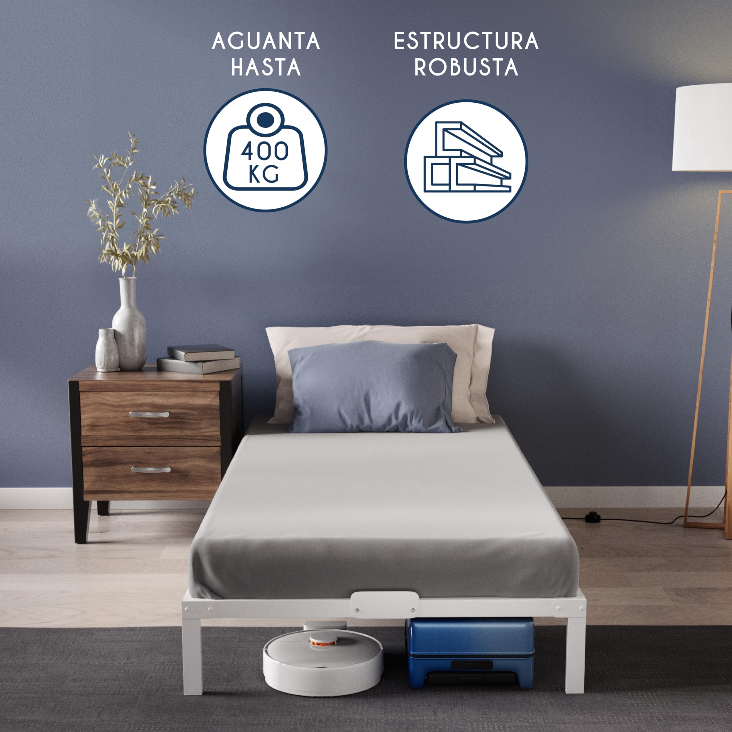 Dreamzie Cama de Metal 90x190 con Somier Blanco - Altura de 35 cm - Somier 90x190 con Patas