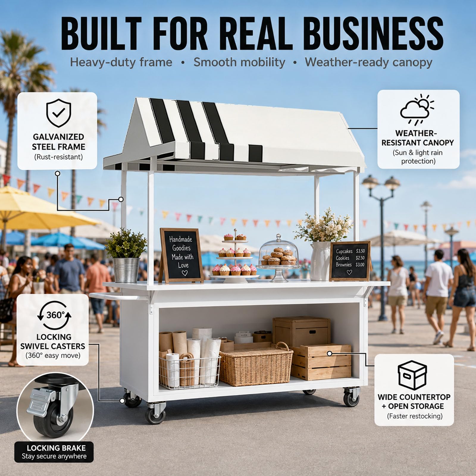 Bancarelle Tettoia Esterno per Struttura, Stand Pieghevole per Mercato Agricolo Carrello Portatile per Venditori con Ombrellone, Ruote e Contenitore di Capacità, Alimenti Su Strada per Vendit white S