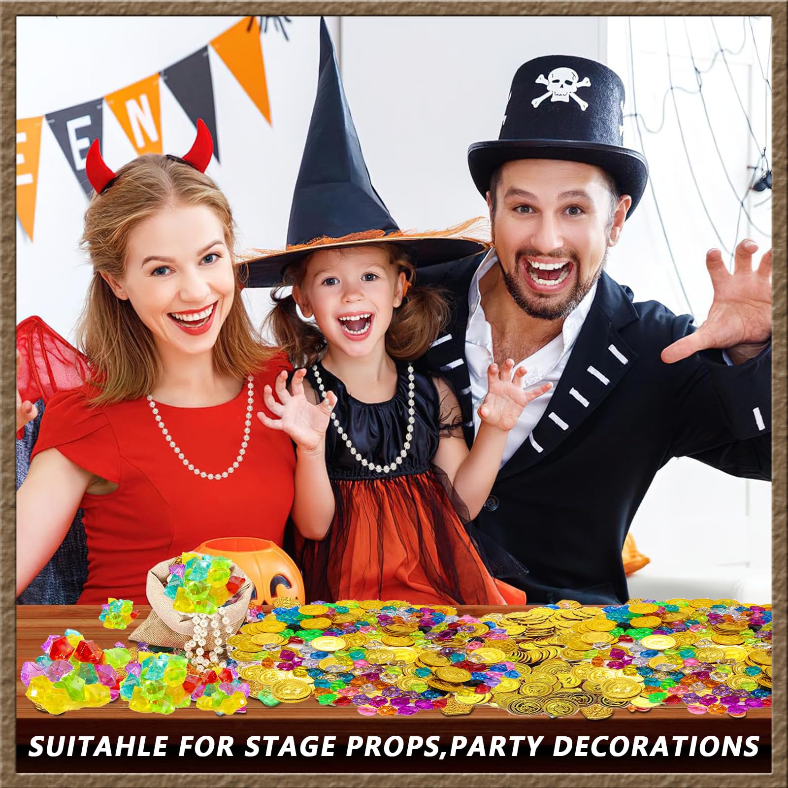 VGECEE 100 Pezzi Monete d'oro Pirata con 50 Gemme del Diamante Acrilico, Moneta Pirata in Plastica Monete Finte Regali per Caccia al Tesoro Pirati Bambini Decorazione per Feste Halloween Compleanno