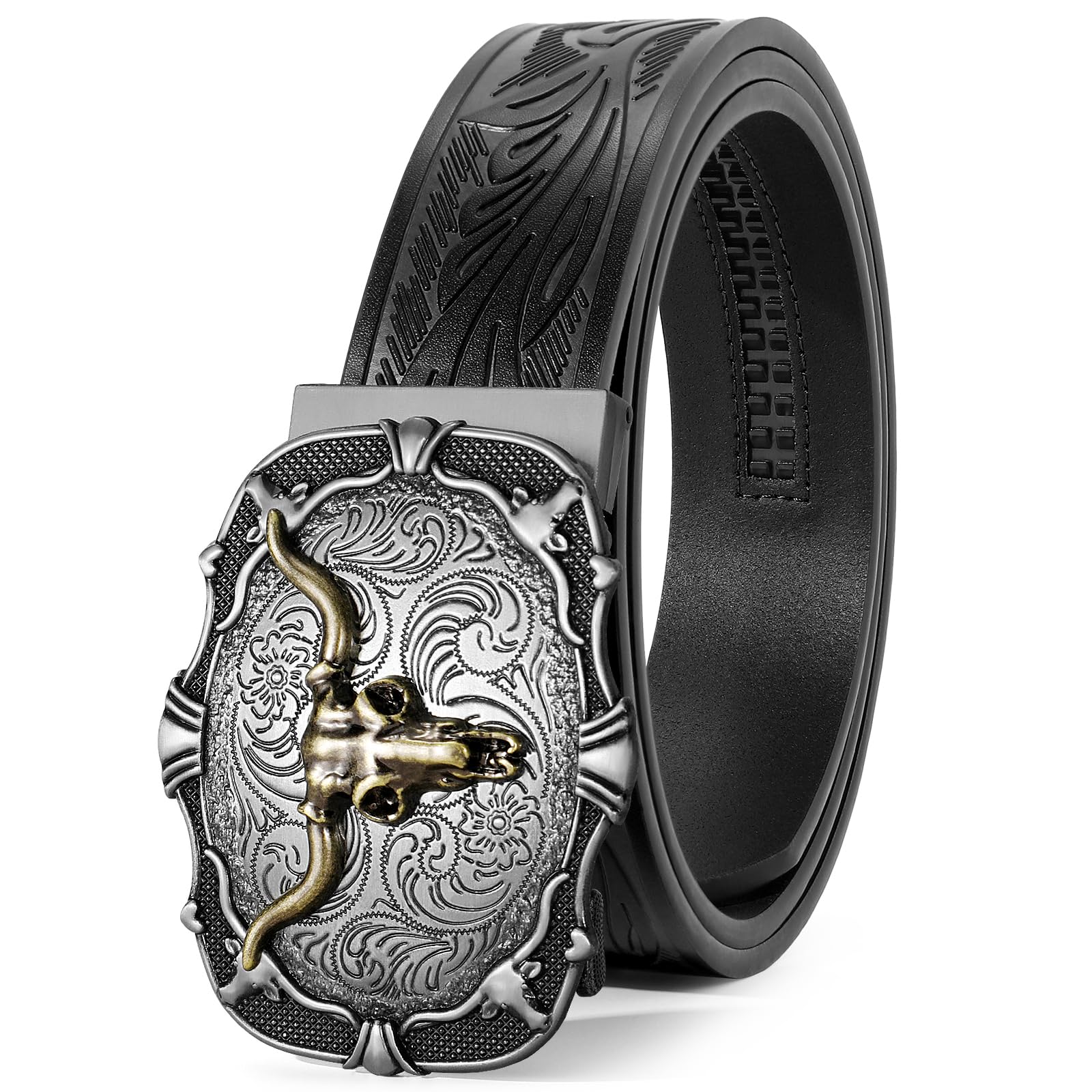 SANSTHS Ratchet Cowboy Belt, Western Ratchet Belts for Men Ratchet Western Belt with Automatic Cowboy Buckle, Bronze Bull/Black