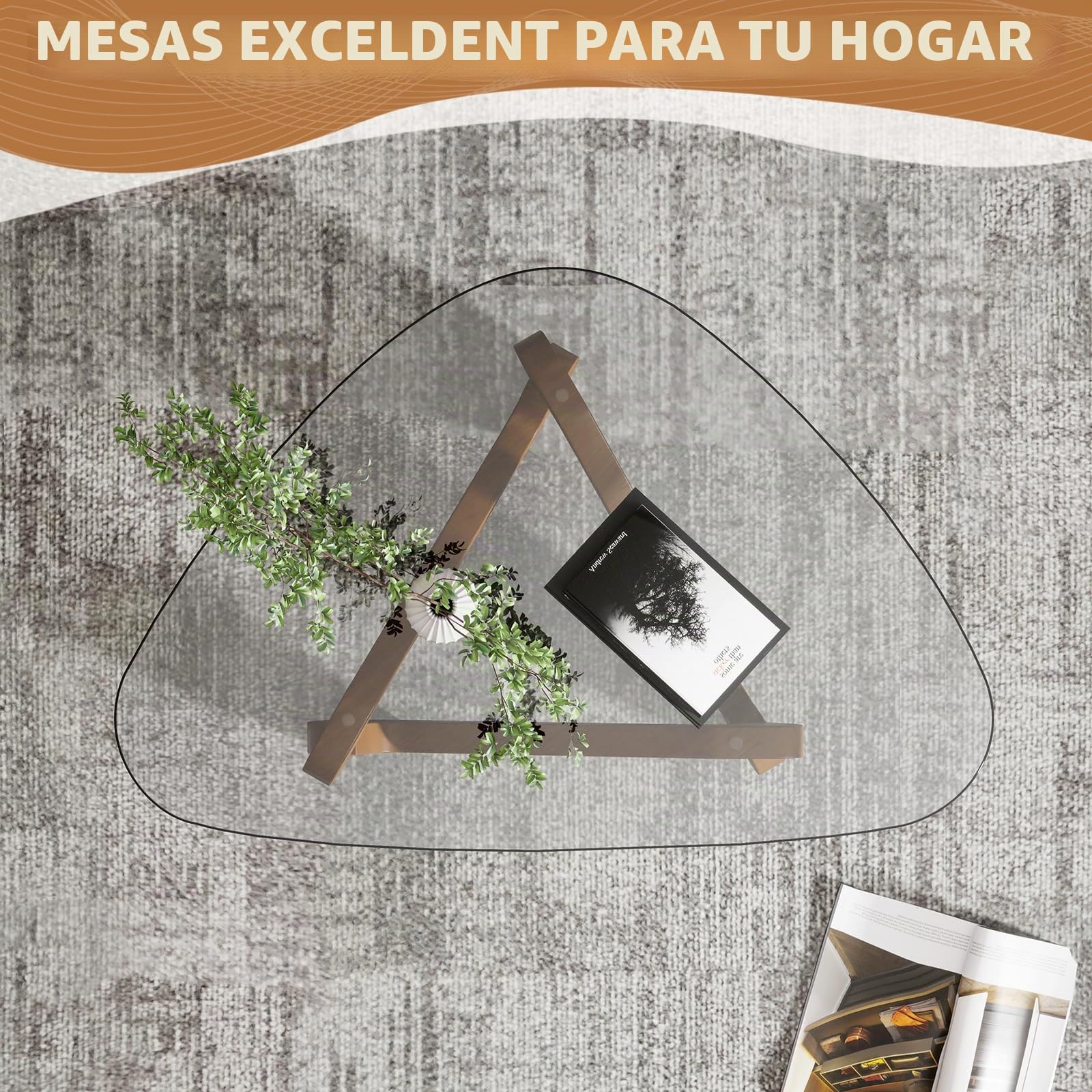 TWSOUL Mesa de Centro Triangular de Vidrio Templado de 82 cm con Base de Madera, Mesa Moderna de salón Elegante para Sala de Estar (Transparente)