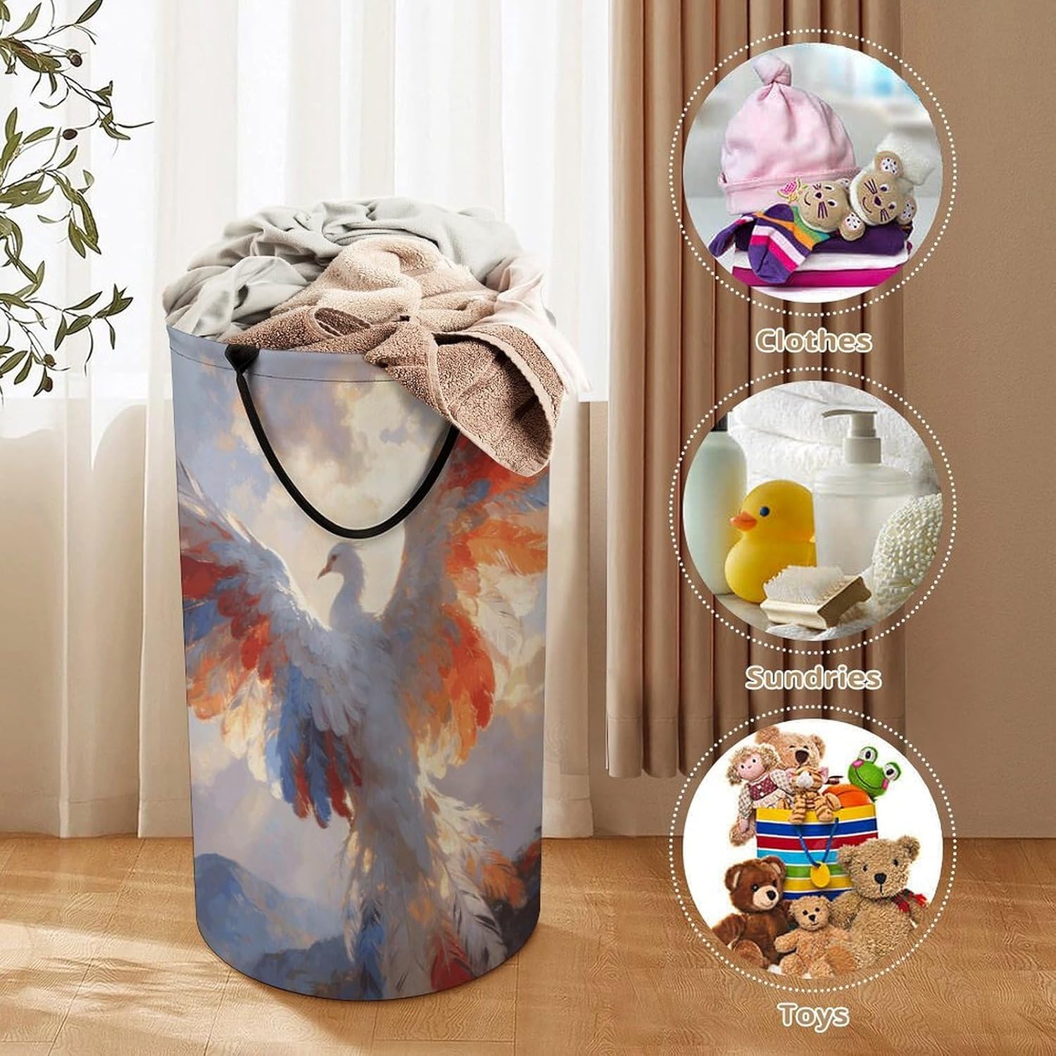 Plumage Dreamscape Laundry Hamper with Handles Waterproof Collapsible Laundry Basket Large Lightweight Round Dirty Clothes Hamper for Home Dorm Bathroom Decor