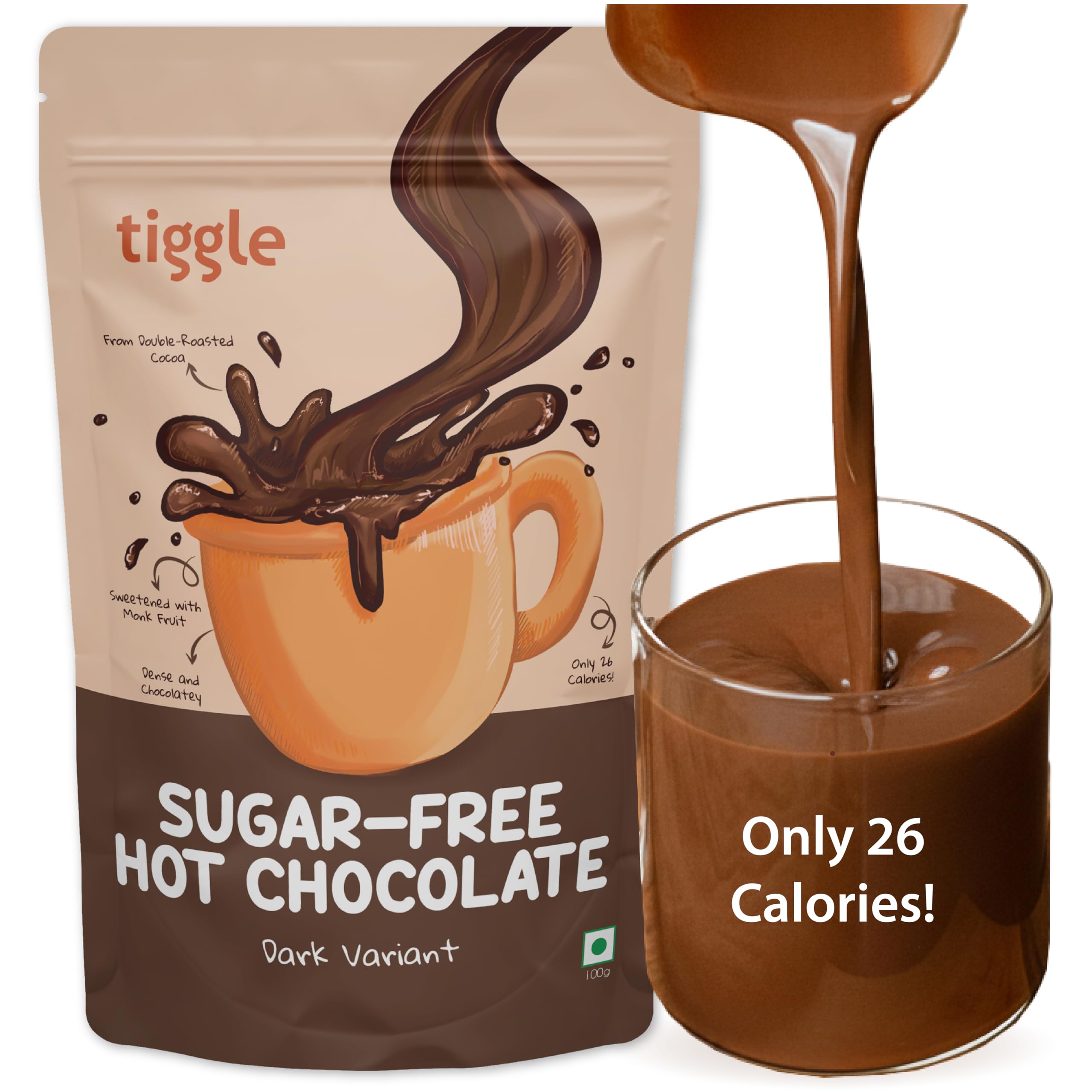 Tiggle Sugar-Free Dark Hot Chocolate | Pack of 6 Cups | As seen on Shark Tank India| Thick and Chocolatey | Low Calorie | Keto Friendly Hot Chocolate | 100 gms | 100% Natural & Vegan