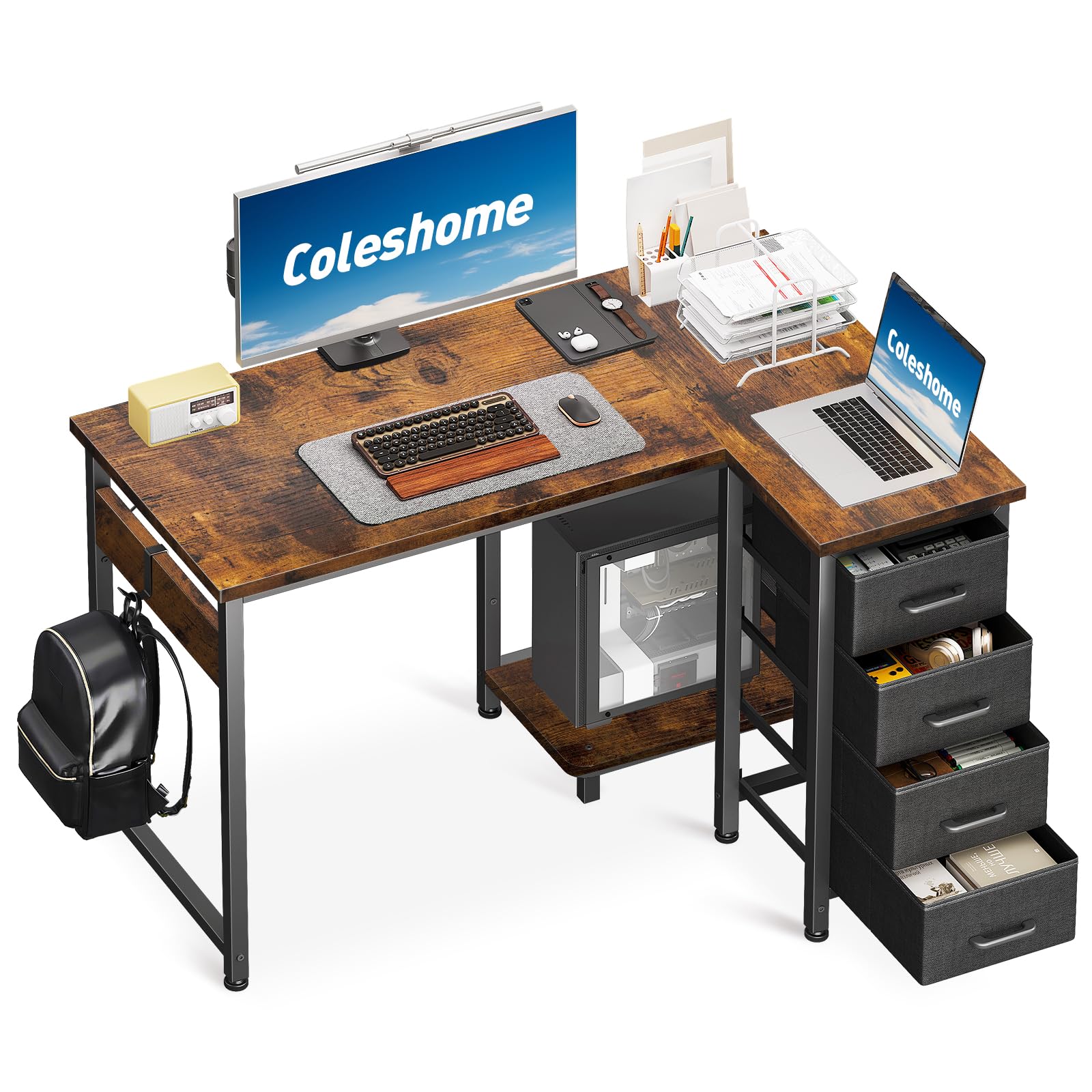 Coleshome Computer Desk with Drawers, 100x70 cm Corner Desk for Home Office, Reversible L Shaped Office Desks Vintage Brown