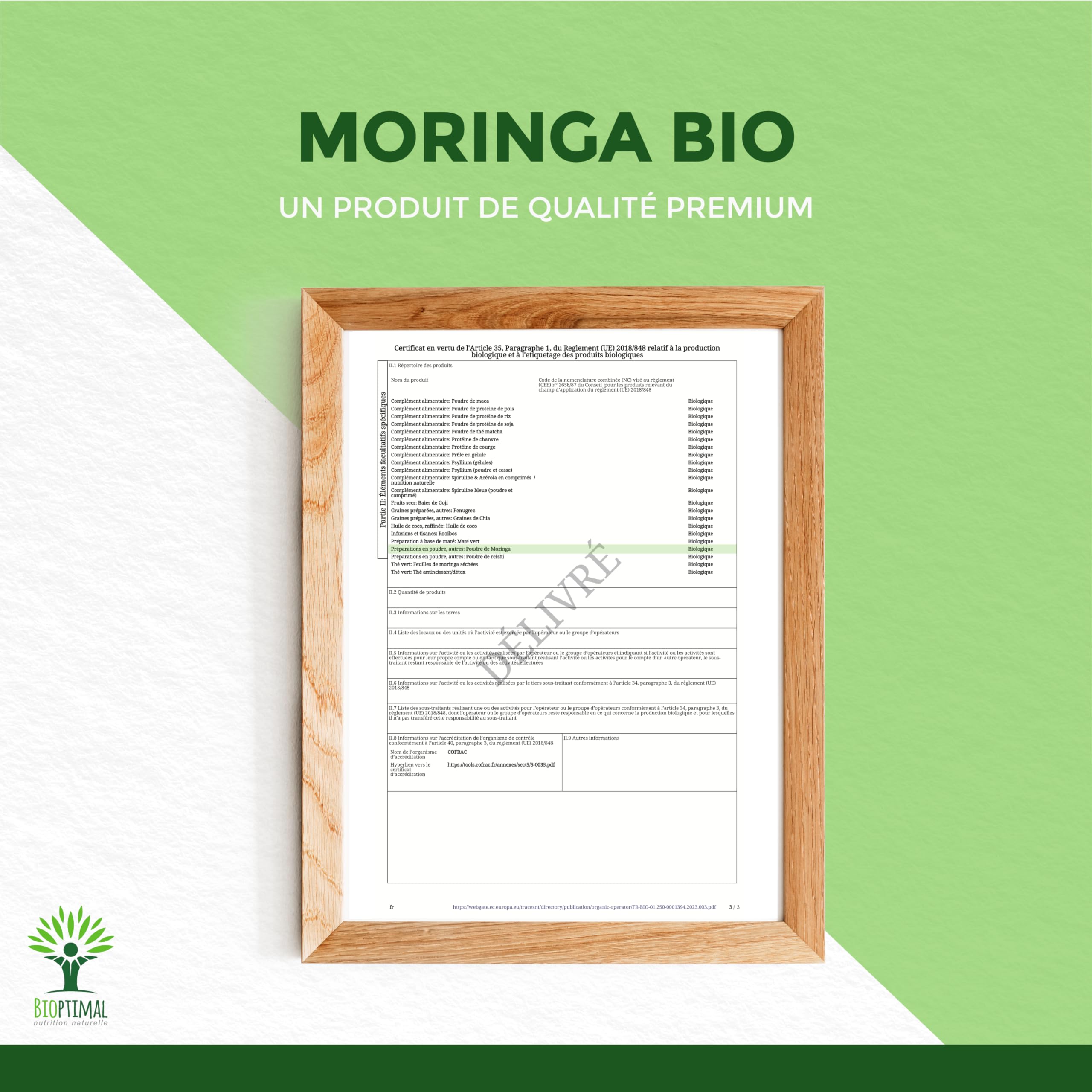 Moringa Bio - Bioptimal - En Poudre - 100% Feuille de Moringa Oleifera - Antioxydant Immunité Anti-Fatigue Cheveux - Vitamine A C E - Origine Kenya - Conditionné en France - Certifié Ecocert - 1kg