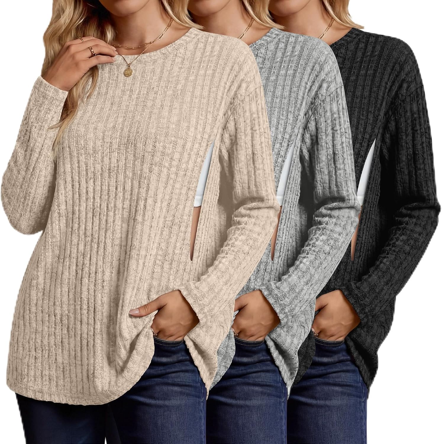 3 Pack Women's Nursing Shirts for Breastfeeding Zipper Ribbed Maternity Tops Lightweight Oversized Sweater