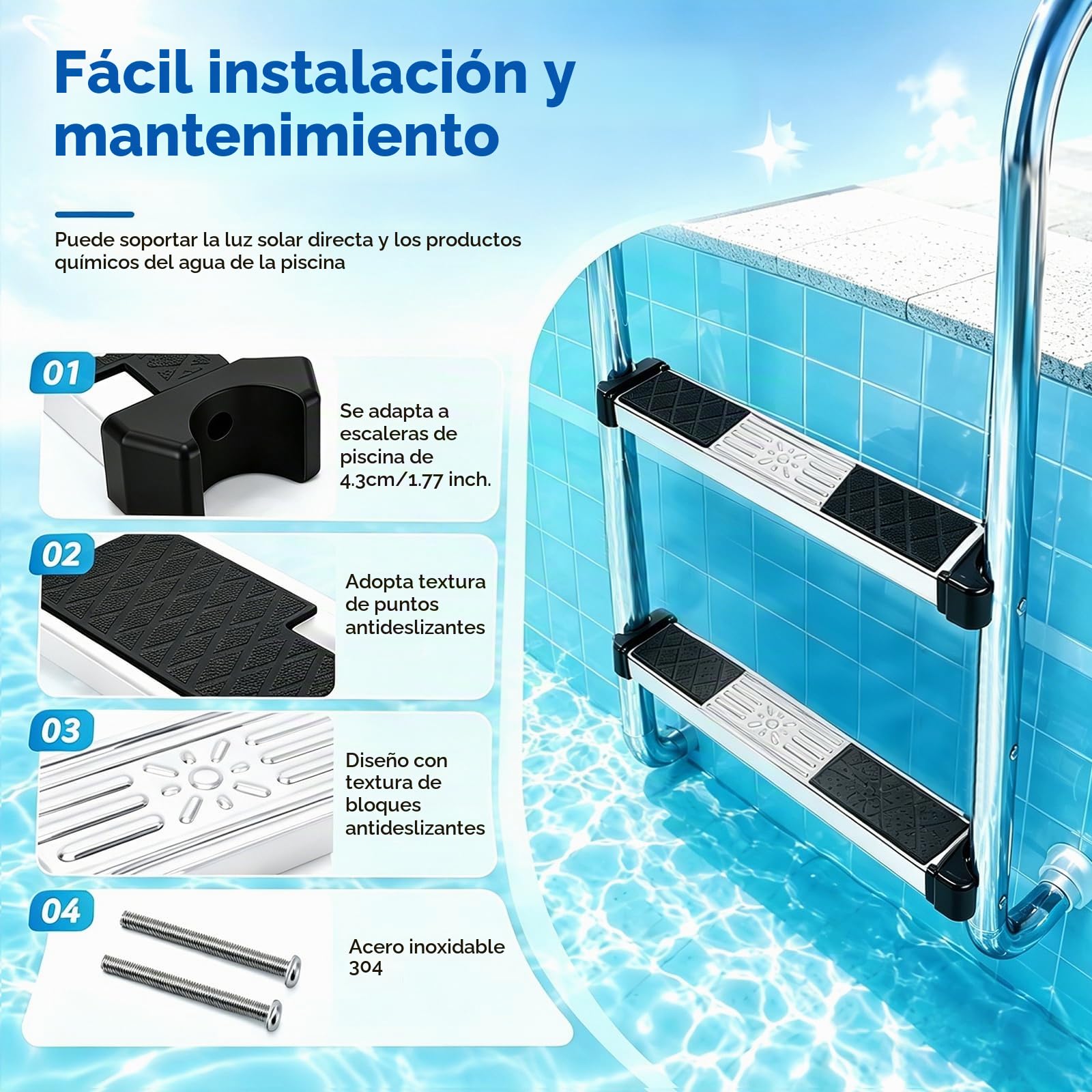 Peldaños para Escaleras de Piscina, Juego de 2 Peldaños Antideslizantes Repuesto de Acero Inoxidable Pedal Universal para Escalera Accesorio Antideslizante Piezas para Escaleras de Piscina