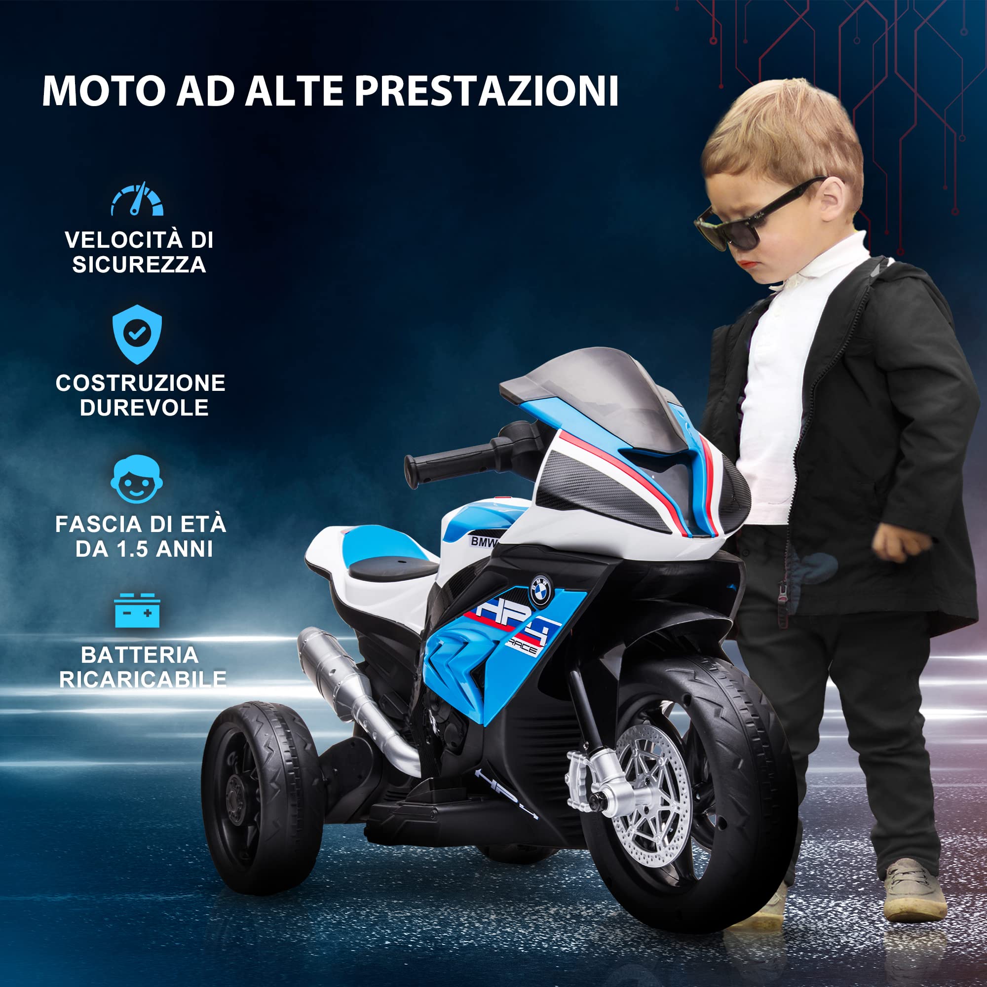 HOMCOM Moto Bambini BMW HP4 18-60 Mesi Fari Musica Pedali PP Metallo 82.5x42x54 cm Blu