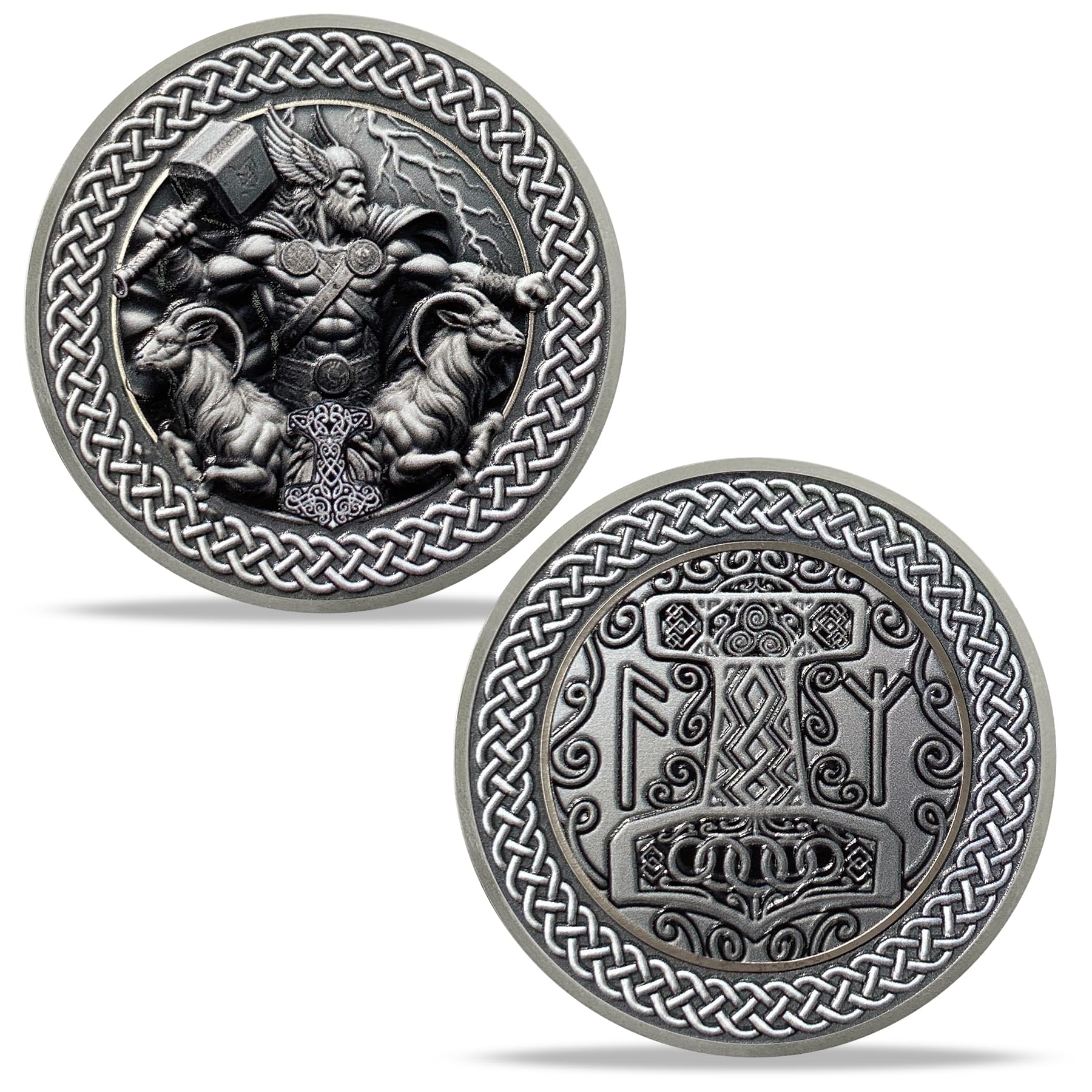 Thor Norse Challenge Coin - Viking God Thor with Mjölnir and Runes - Nordic Gifts for Strength, Protection, and Power in Norse Mythology