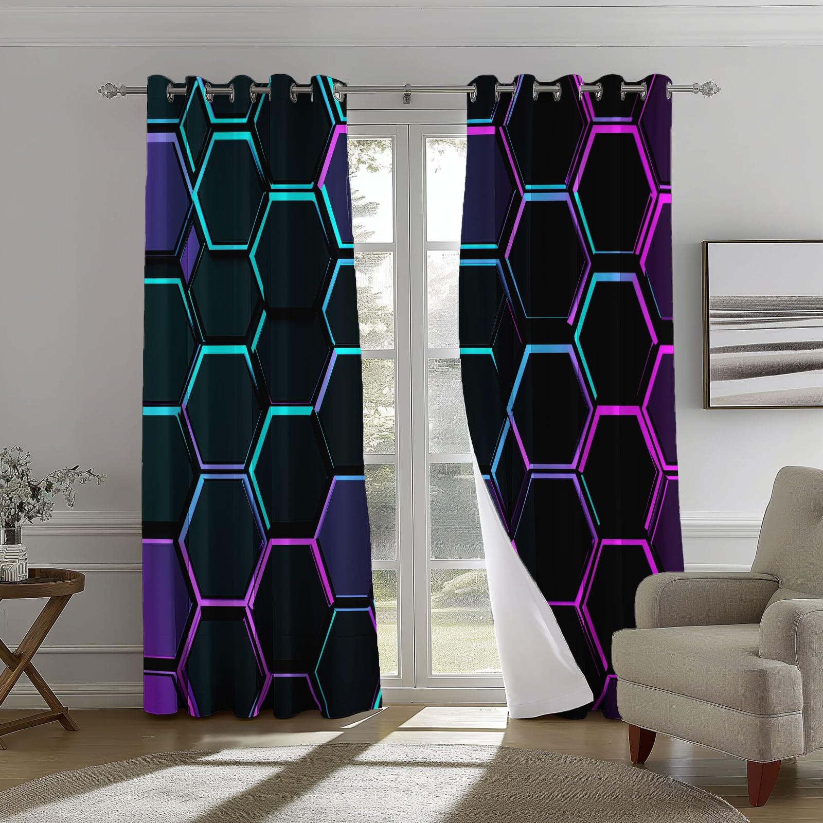 Rideaux Opaques Isolation Thermique 110x215 cm 2 Panneaux Hexagone Géométrique Moderne Noir Violet