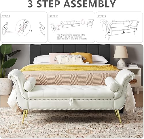 Miniatura 3 de Setawix Banco otomano de almacenamiento de piel sintética, banco de cama de 66.53 pulgadas, banco de cama con brazo enrollado copetudo con