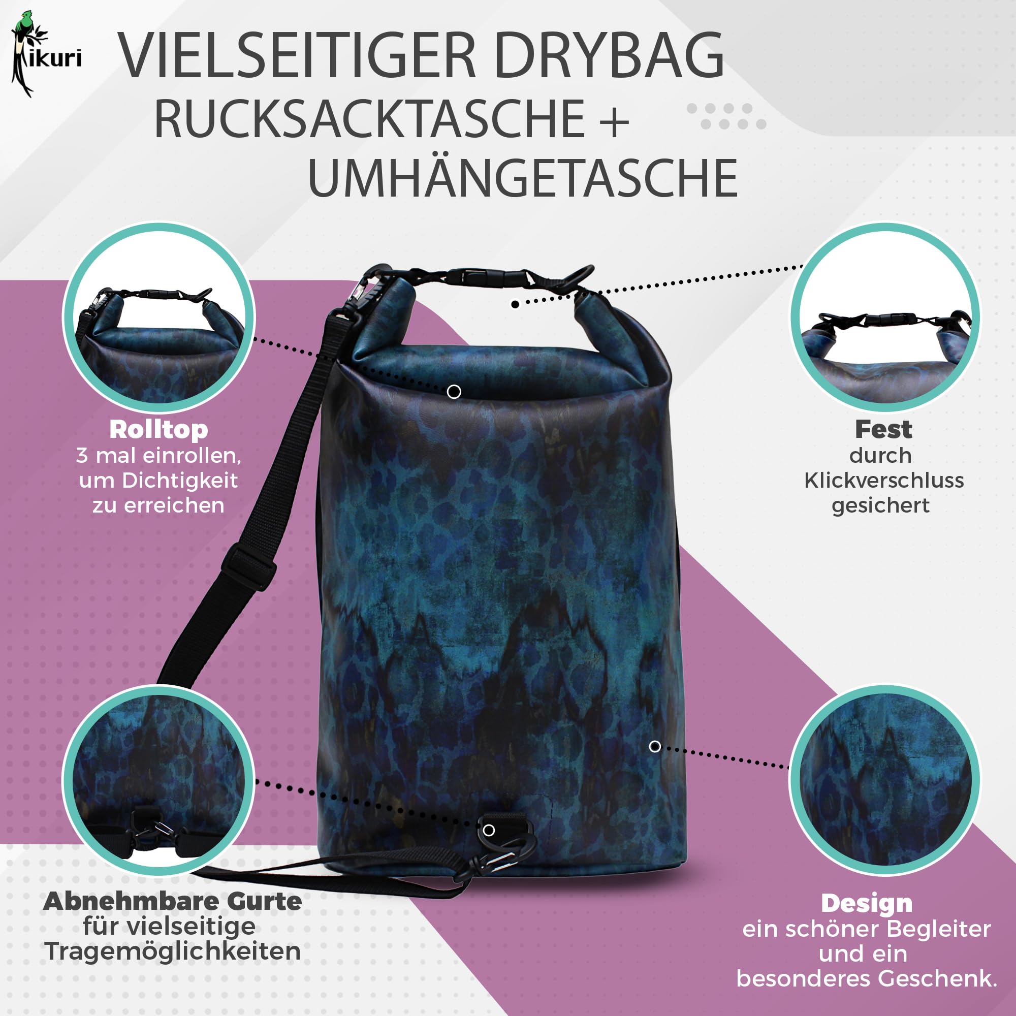 Ikuri Drybag Trockentasche Rucksack Rolltop Wasserdicht aus Plane - Tasche für SUP, Surf, Kayak, Outdoor - Design Pantera