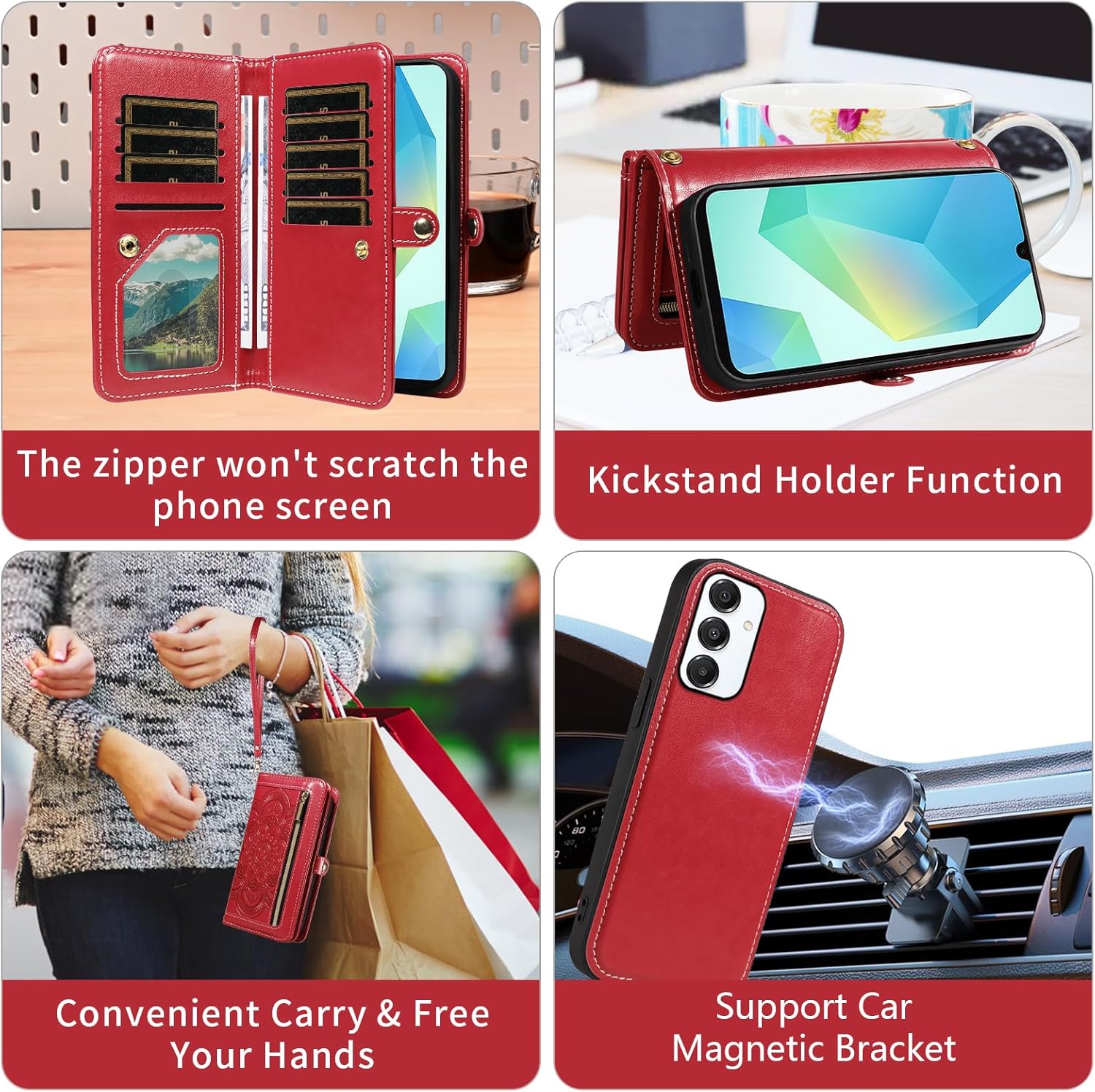 Asuwish Phone Case for Samsung Galaxy A16 5G/4G Zipper Wallet Detachable Cell Cover with Tempered Glass Screen Protector Wrist Strap Mandala Flower Credit Card Holder A 16 16A SM-A166U Women Men Red