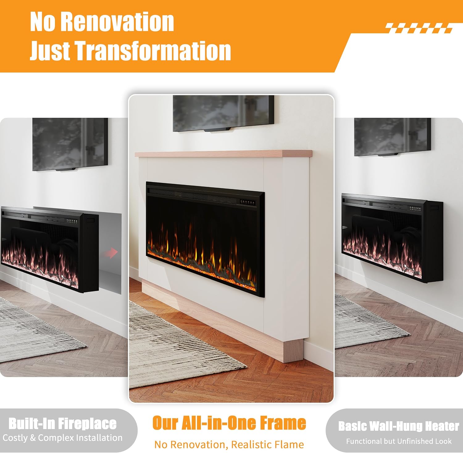 70" Electric Fireplace with Mantel for 60" Insert, Weyderk Ultra-Thin 5.5" Surround, 750/1500W Heater with 12 Flame Effects, 1-8 Hours Timer, Wall Mounted TV Stand for Livingroom, White