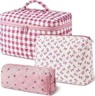 Kacctyen 3 Pcs Pink Makeup Bag Set Quilted Pe...