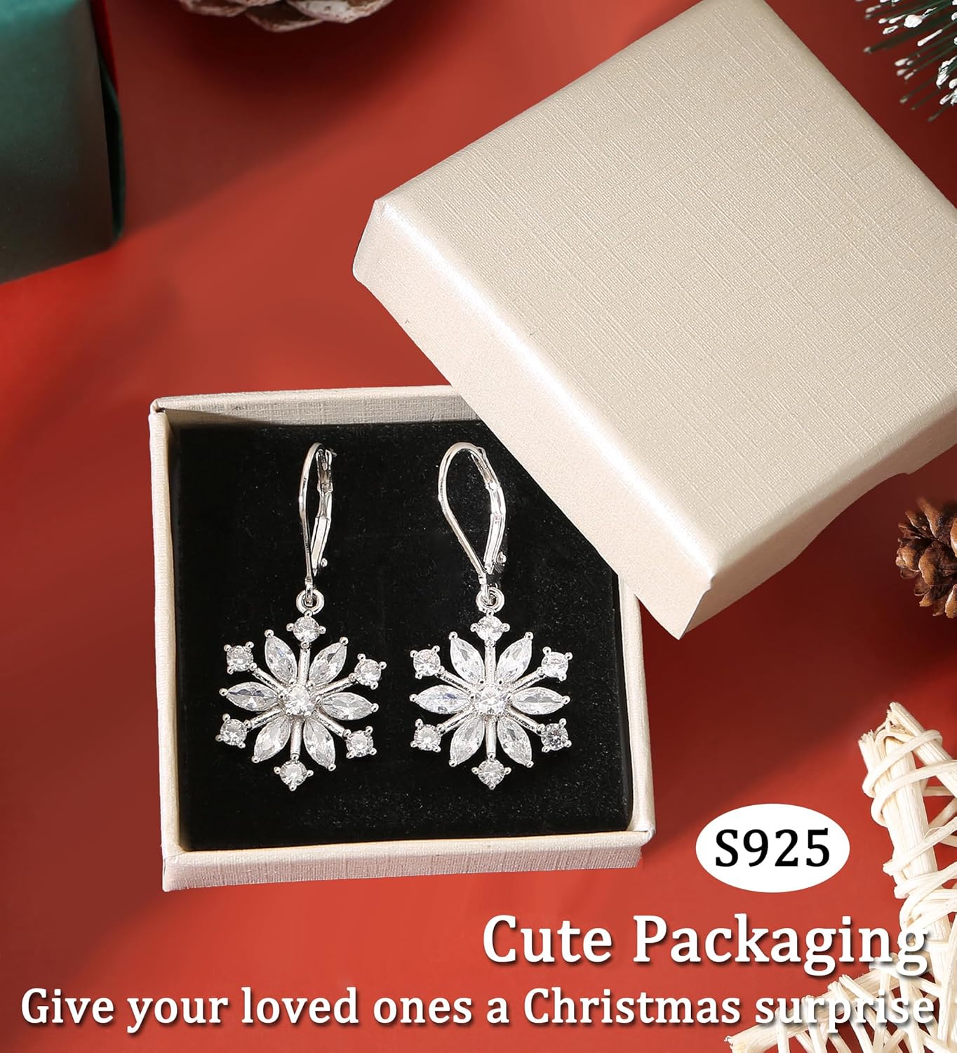 925 Sterling Silver Snowflake Earrings for Women Hypoallergenic Drop Dangle Earrings 5A Cubic Zirconia Holiday Christmas Leverback Snowflake Earring Gifts - Image 7