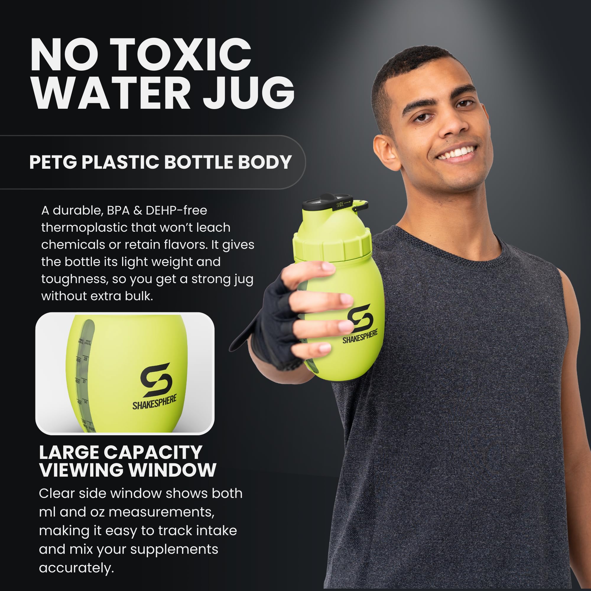 SHAKESPHERE Shaker de protéines 1,3 l – Double paroi, bouteille de gym et mixeur, sans BPA, design durable avec poignée facile à saisir, base en silicone et fenêtre de visualisation transparente