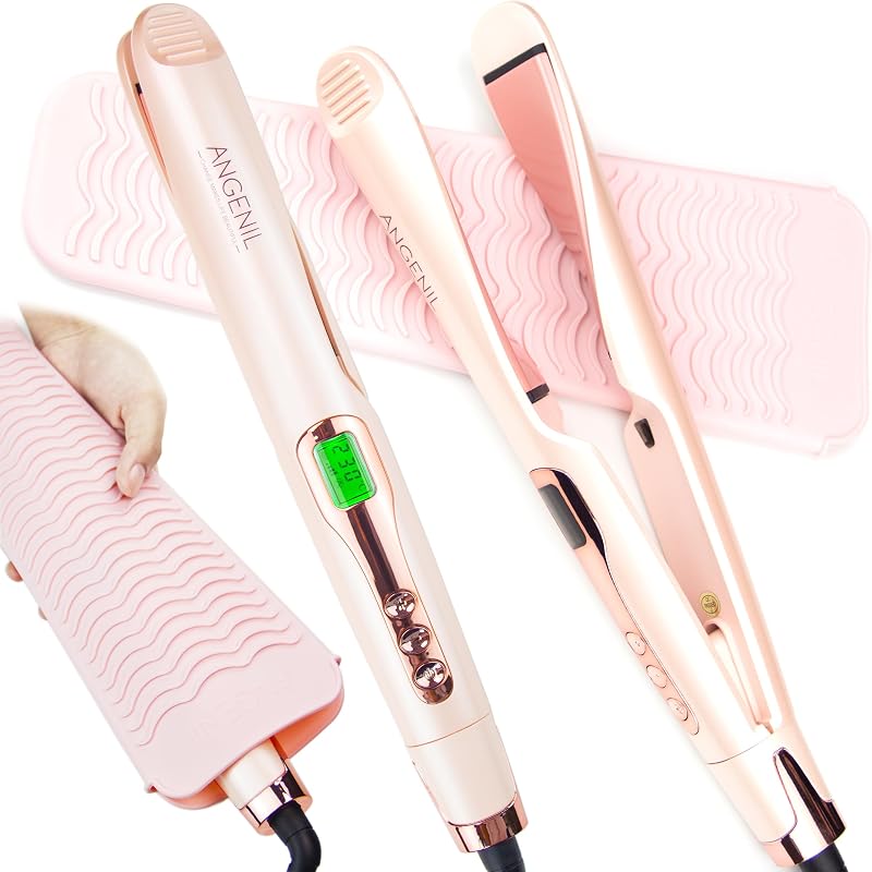 Pro Hair Straightener and Curler 2 in 1, Twist Flat Iron Hair Straightener for Women, Dual Voltage Round Pink Flat Iron with Anti-Scalding Silicone Mat, 11 Adjustable Temp for All Hair Types