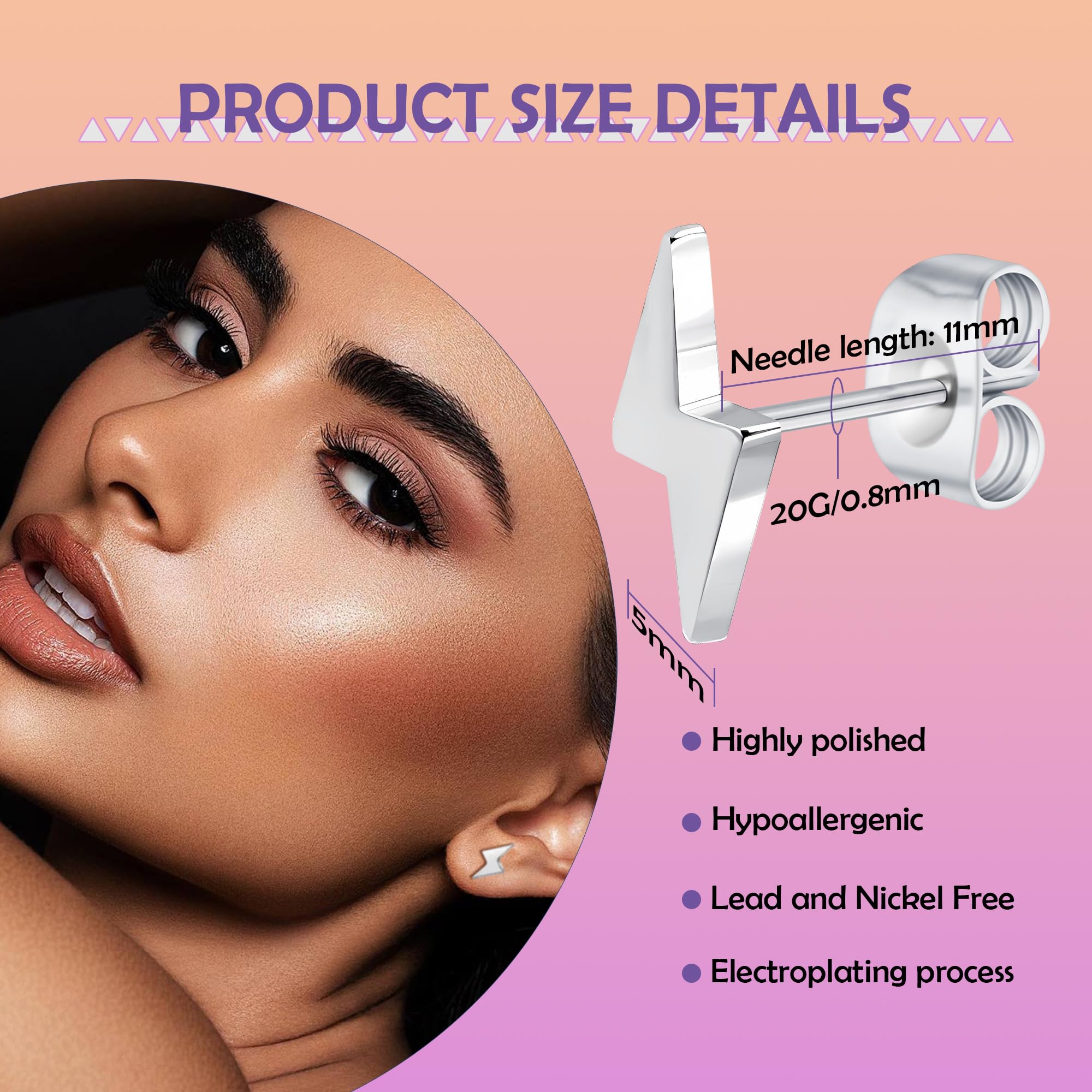 FACOKO Orecchini a lobo da donna in titanio con fondo piatto ipoallergenici, adatti a uomo e donna 5 mm rotondi cavi/croce/fulmine