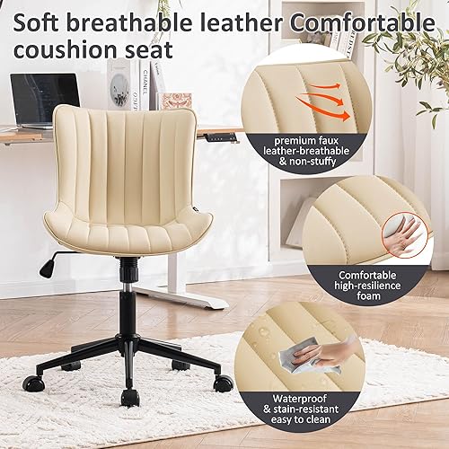 Miniatura 3 de Kidol & Shellder Silla de escritorio de piel beige con ruedas, moderna y bonita silla giratoria ejecutiva sin brazos con respaldo acolchado cómodo,
