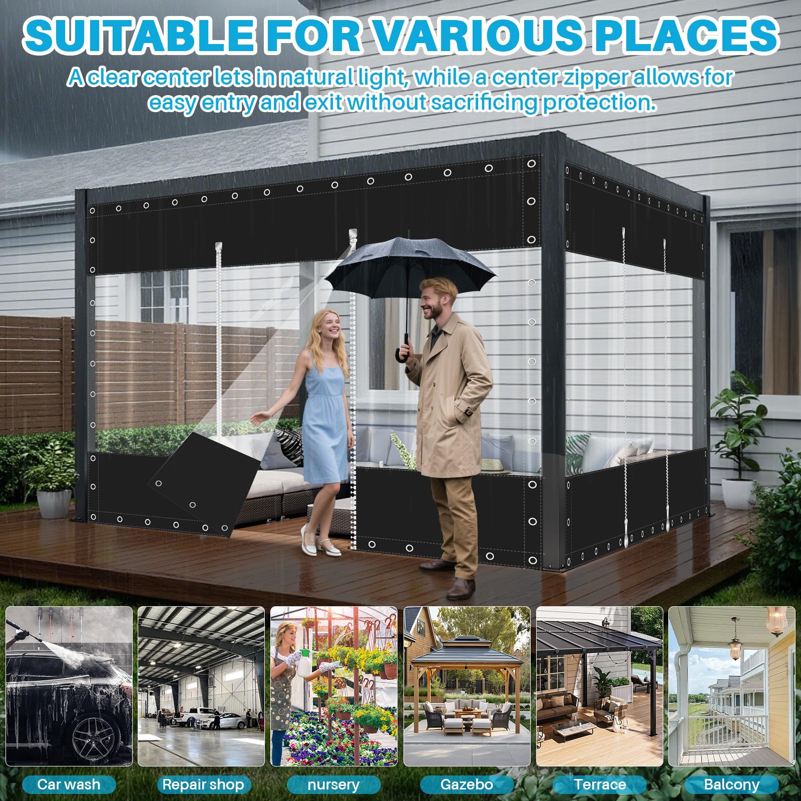 clear vinyl patio umbrella Premium Waterproof Awning, Roll up Clear Enclosure for Tents, Awnings, and Canopies, Commercial Grade Curtains for Patio, Black (8x10 Feet) : Everything Else 11 1/4 (28.5 cm) Bottom Width Clear Vinyl Outdoor Shades -