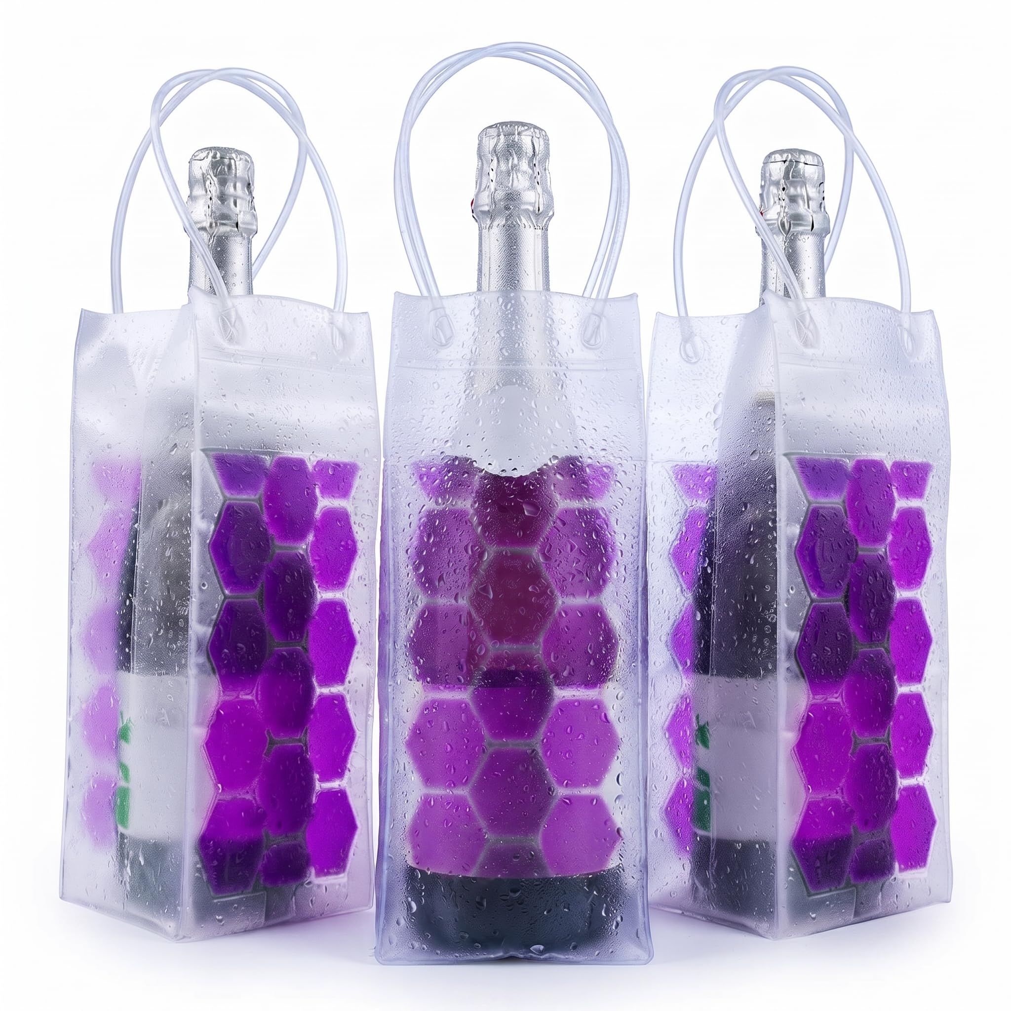 Wine Ice Bag, Wine Bottle Chiller, Wine Cooler Sleeve Transparent Champange Bottle Chill Cooling Ice Pack - Freezer Sleeve- Vodka- Tequila Chiller- Cooler- Carrier, 3 Pack (Purple)