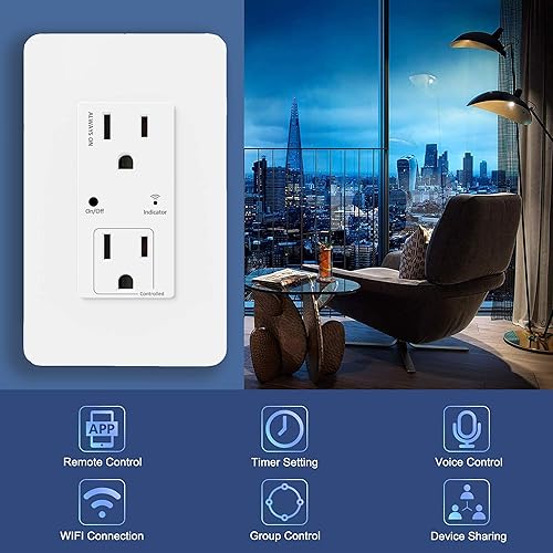 Miniatura 4 de UCOMEN Toma de pared inteligente con 2 puertos individuales, salida WiFi de 2.4 GHz, enchufes inteligentes que funcionan con Smart Life, Alexa,