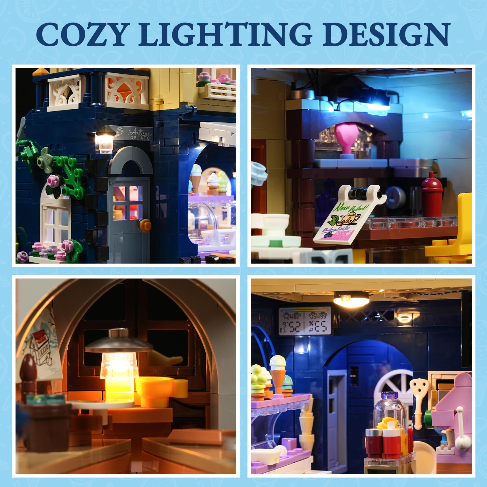 LUMIBRICKS Gelateria zestaw klocków zaciskowych z oświetleniem LED, 1948 elementów, europejska modułowa kamienica dla dorosłych, 3-poziomowy model lodziarnisty do kolekcjonowania i wystawiania