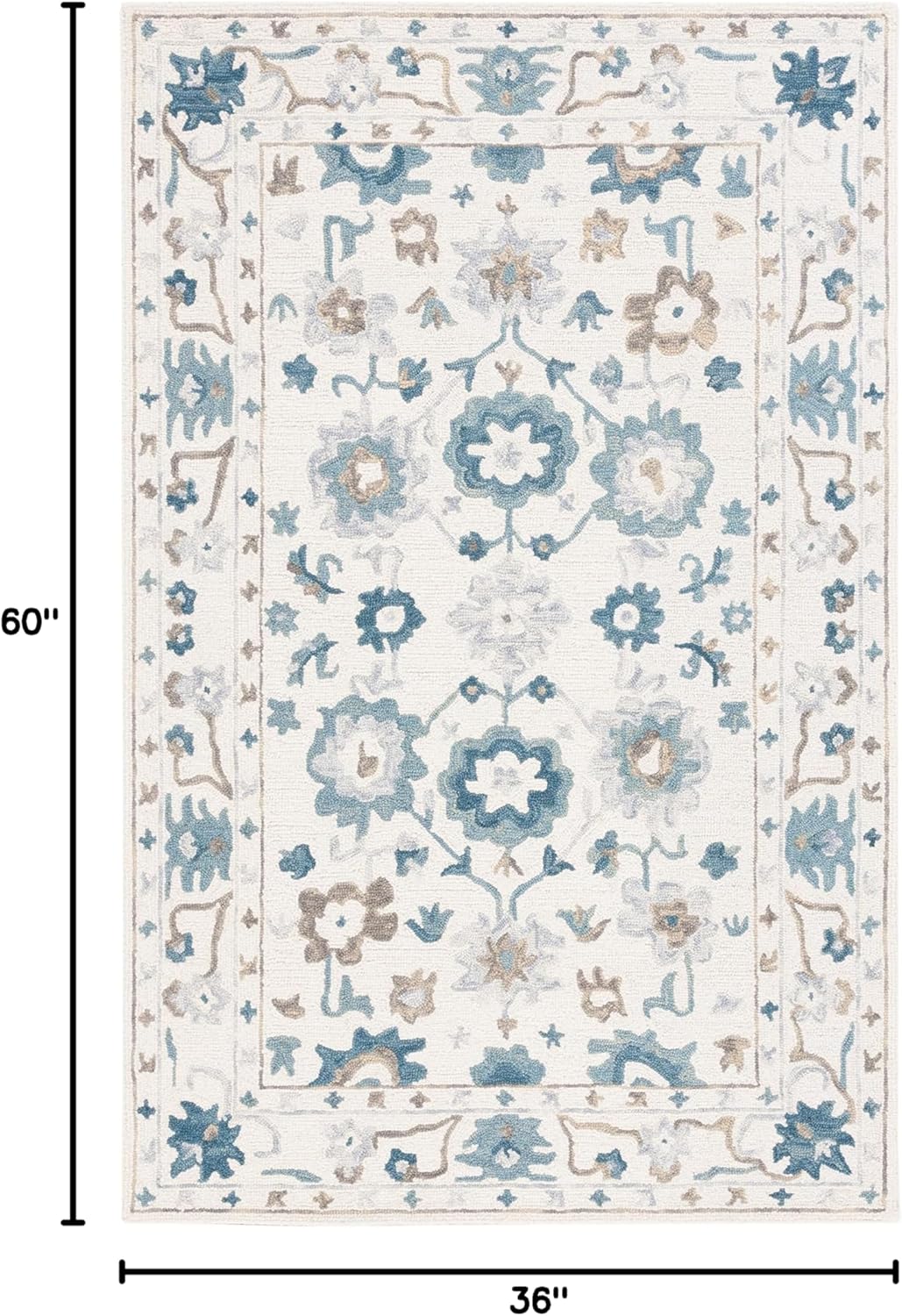 Ivory and Blue Handmade Wool Floral 3' x 5' Area Rug