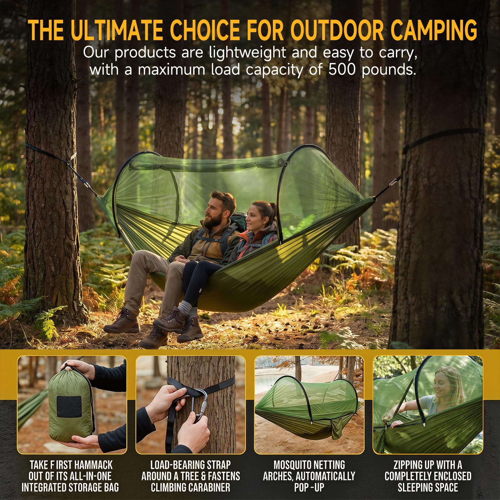 Hamac Ultra-léger de Voyage Camping, Hamac Moustiquaire - 300 kg, 260x140 cm, Hamac Camping, Inclut Sangles et Mousquetons - Idéal pour Camping, Jardin, Randonnée (Vert Militaire)