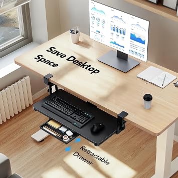 HUANUO Large Under Desk Keyboard Tray with Sturdy C-Clamp Mount, 26 (30.16 Including Clamps) x 12 inch Slide-Out Platform Computer Desk Heavy Duty Keyboard Tray with Storage Drawer for Typing, Black