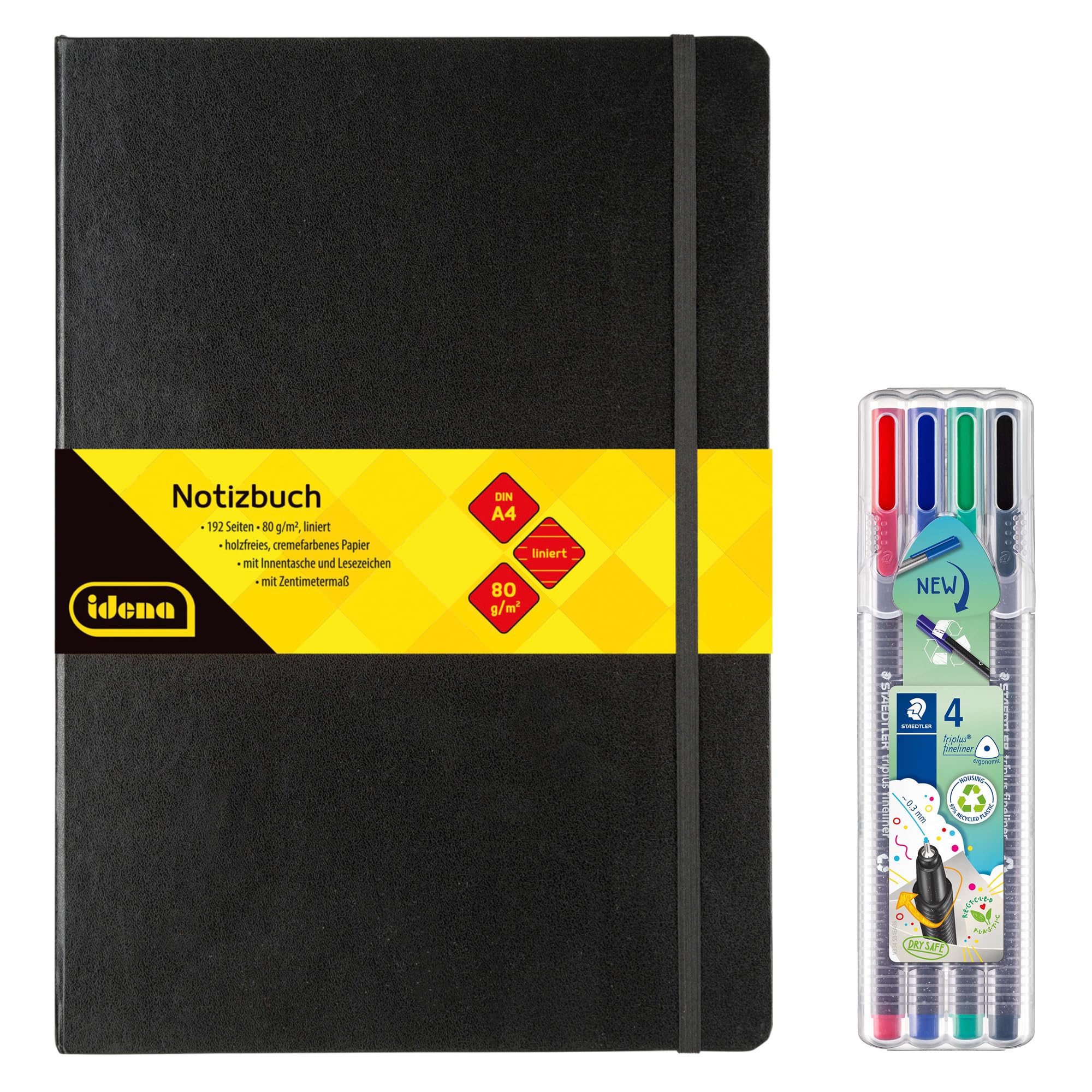 Idena 90340 Notebook DIN A4 with 192 Pages, Lined, Includes 4 Staedtler Triplus Fineliner Pens with Superfine, Metal-Encased Tip, 0.3 mm