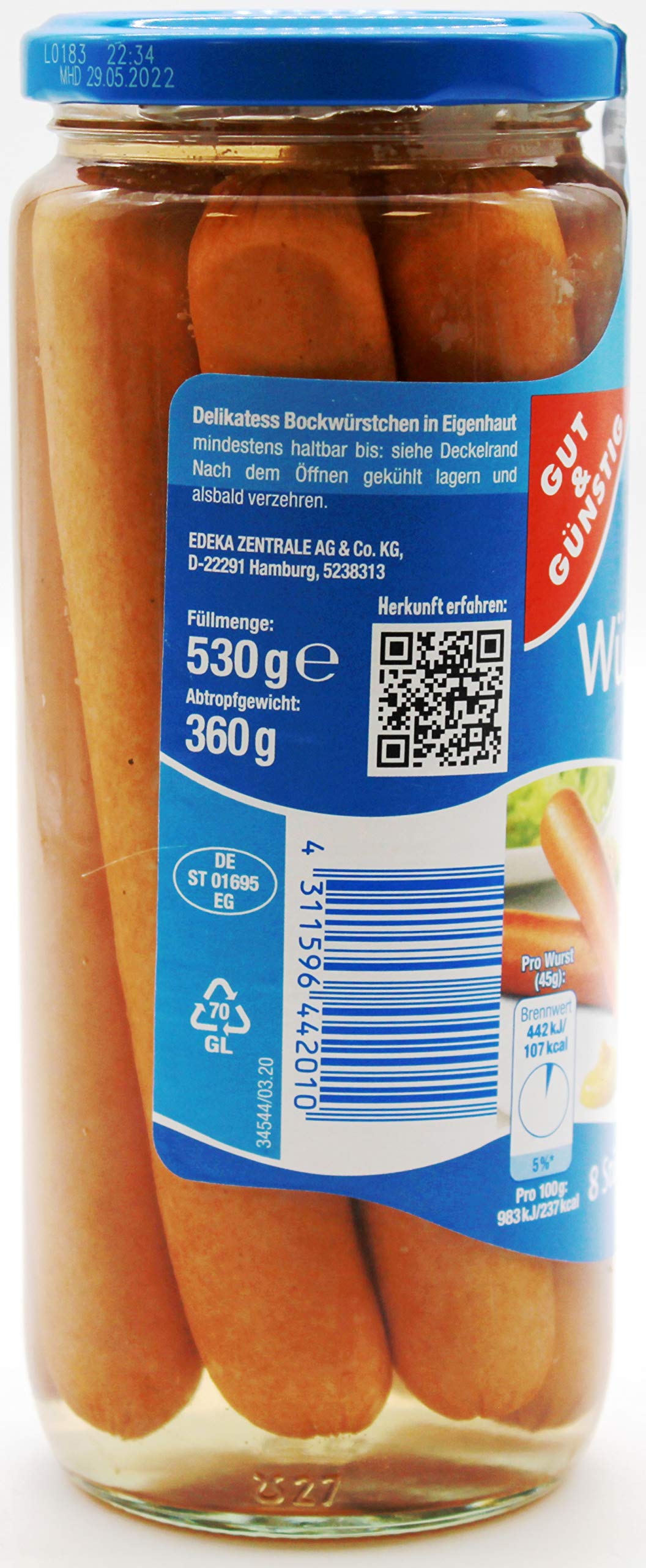 Gut & Günstig Delikatess Bock Würstchen, 12er Pack (12 x 360g)