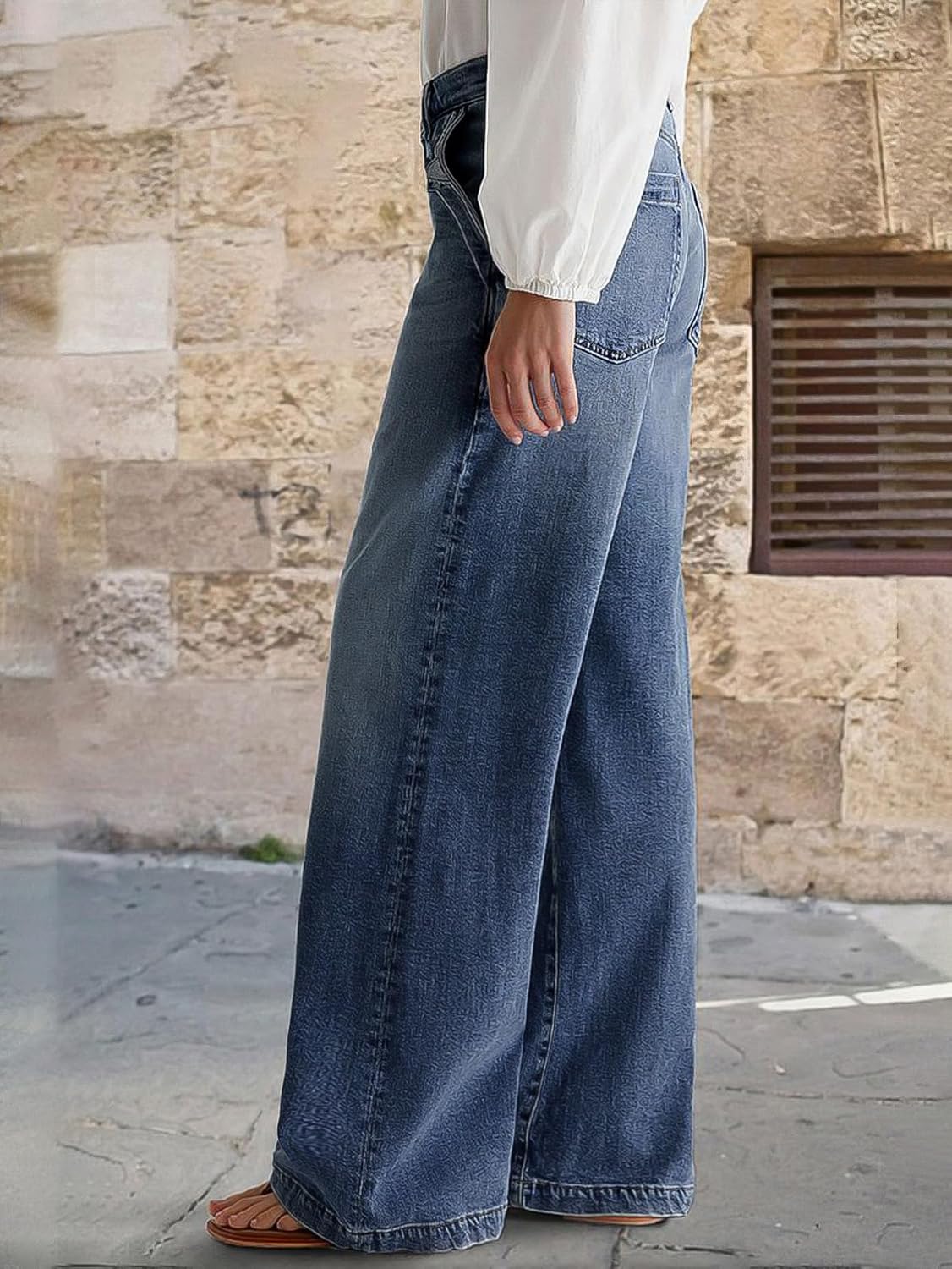 Flamingals Wide Leg Jeans for Women Mid Waist Baggy Stitch Decor Denim Washed Pants Without Belt