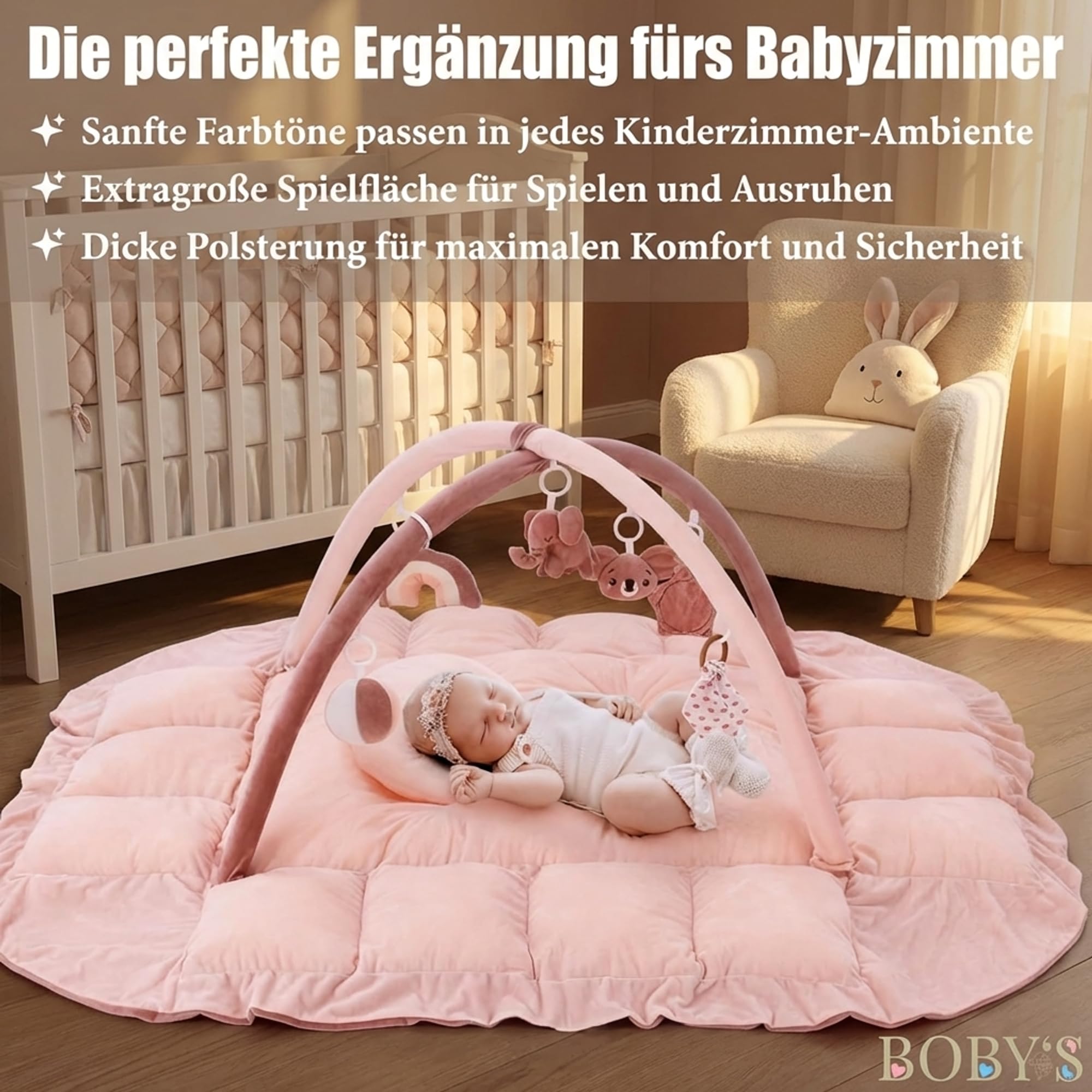 BOBY´S Baby Spielbogen mit Babynest & Krabbeldecke – Baby Gym mit Spielzeug – Spielmatte, Laufstall & Bällebad – weich gepolstert für Neugeborene (Rosa)