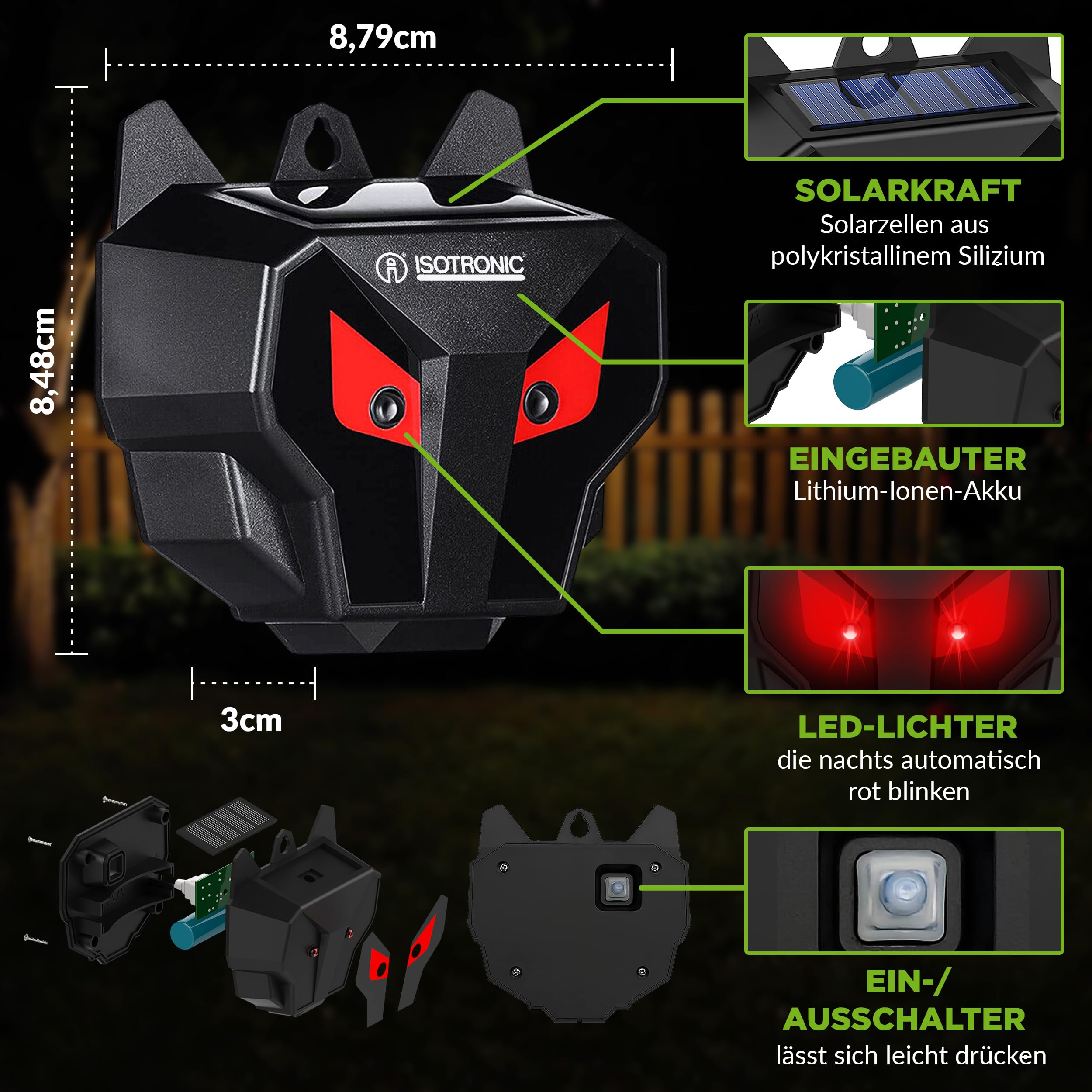ISOTRONIC Solarny odstraszacz szopów, jeleni i lisów – Czerwona dioda LED – Skuteczna ochrona przed dziką zwierzyną – Zasięg 40 m² (3 sztuki)