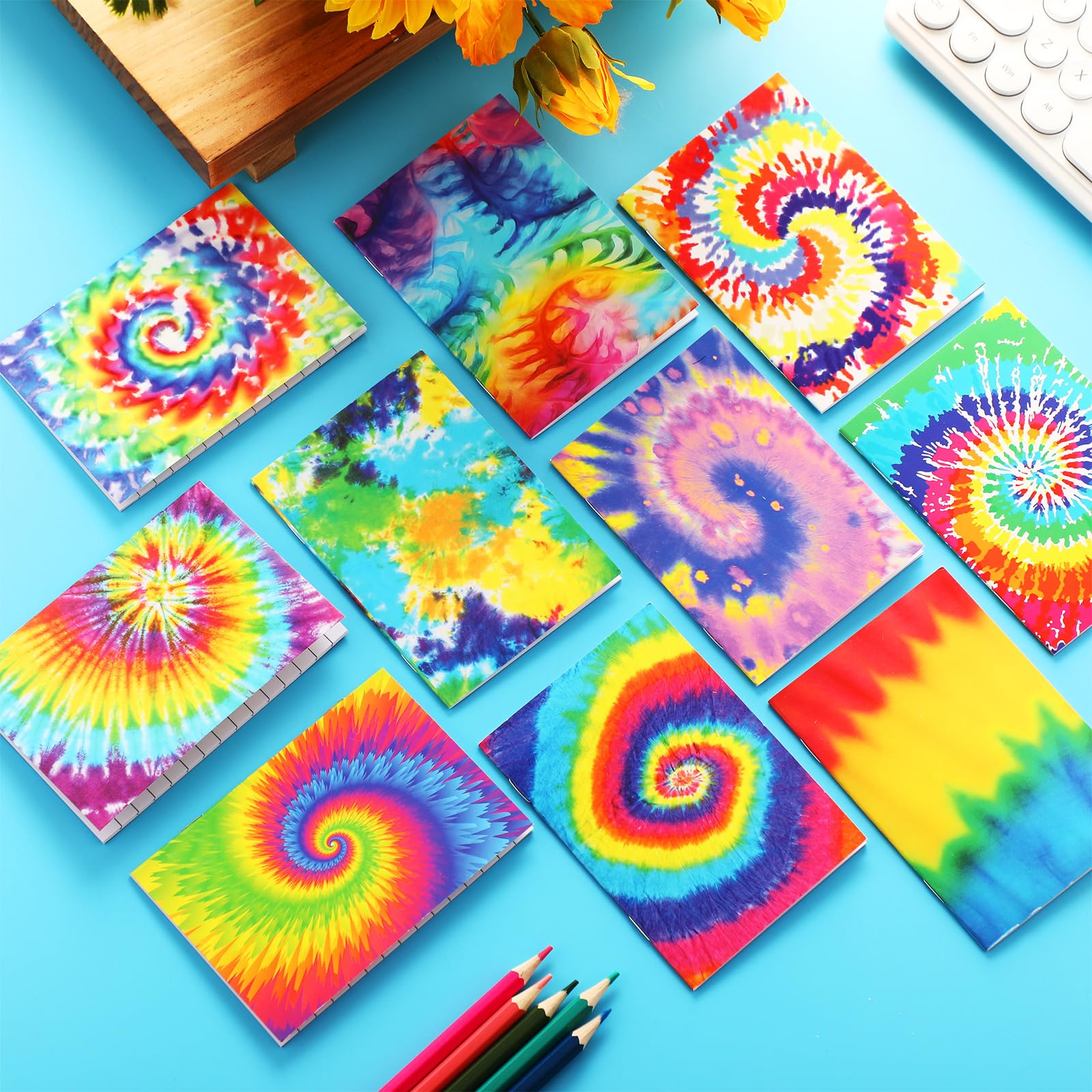 Tenceur 100 mini blocs de notas de teñido anudado, pequeño cuaderno de bolsillo de estilo multicolor, mini cuaderno, regalos de verano a granel para estudiantes, suministros de fiesta de cumpleaños,