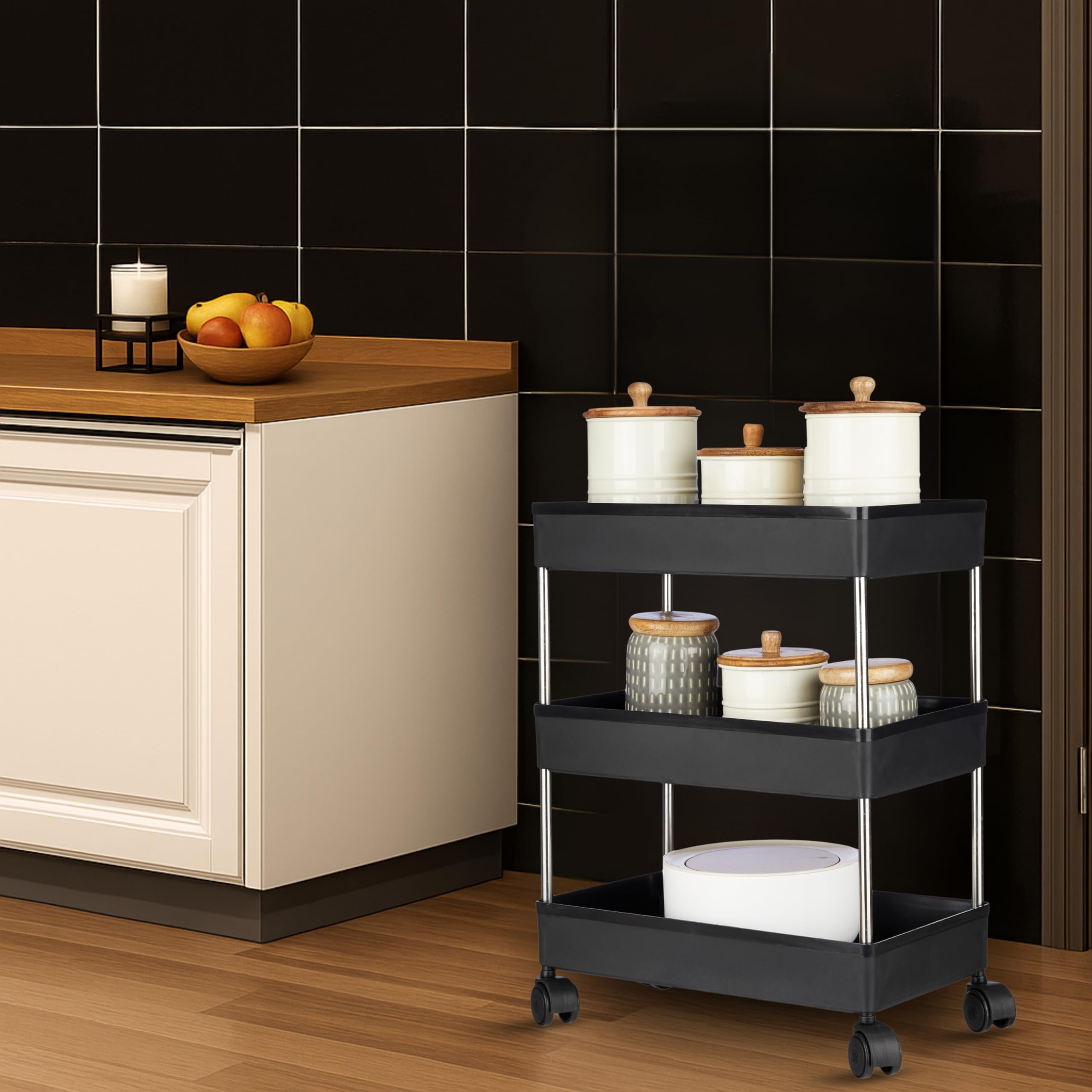 Amazon Brand - Solimo 3-Tier Stainless Steel Kitchen Trolley Rack with Wheels | Modular Storage Shelf for Vegetables, Fruits, Spices & Kitchen Organizer (21.5cm*40cm*53cm, Black)