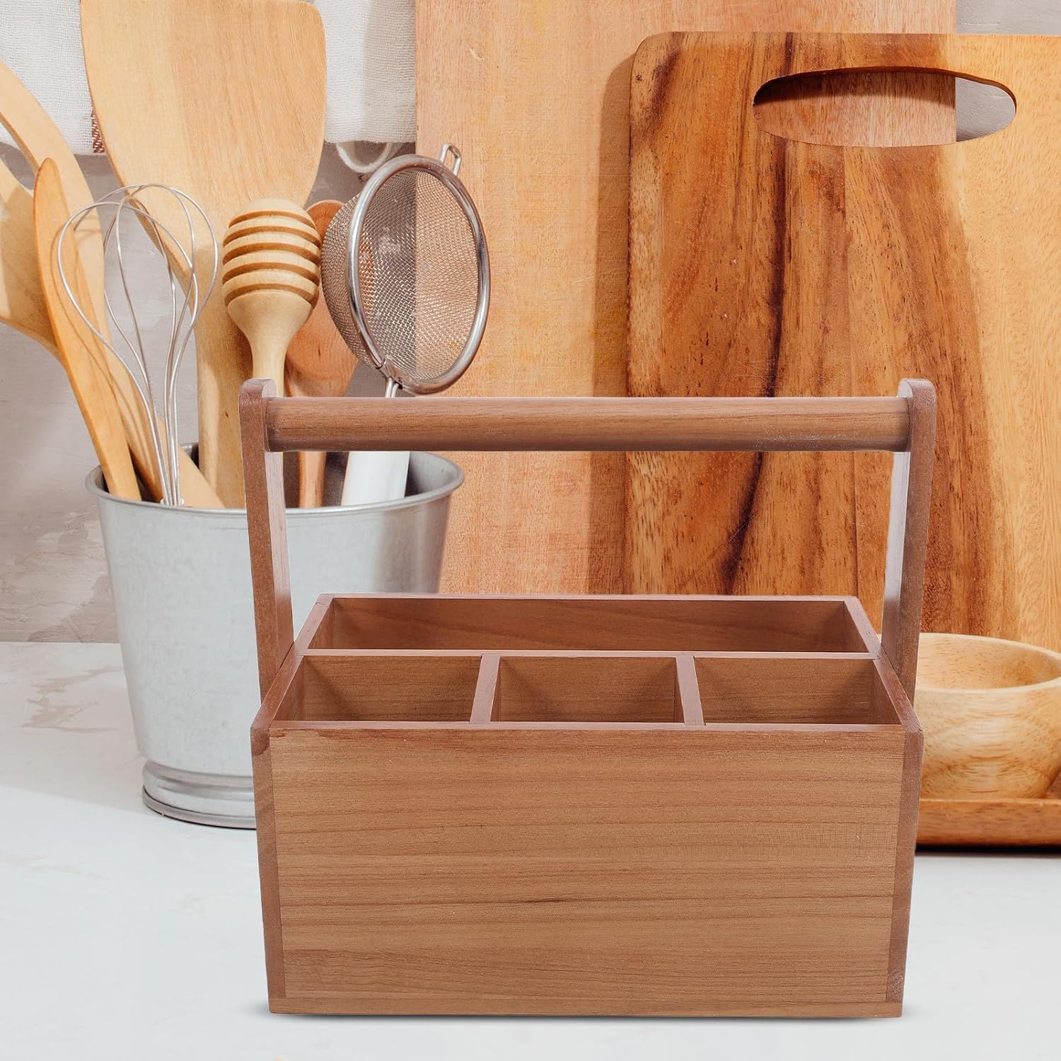 Wooden Flatware Caddy with Handle, Utensil Holder Box, Spoon Fork Storage Container for Kitchen Counter Party Table Camping Picnic