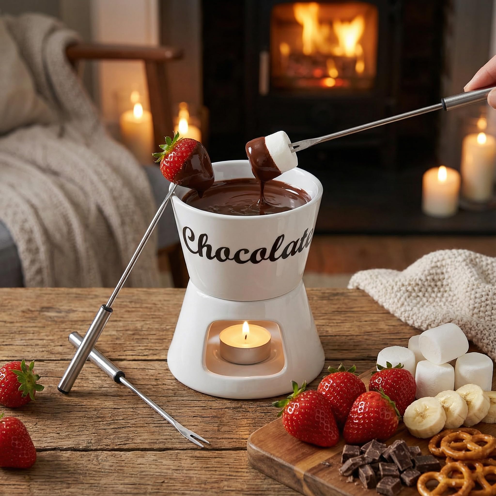 MIJOMA Set per fonduta di cioccolato, con 2 forchette per fonduta di cioccolato, Ø ca. 12 x 15 cm, colore: Bianco