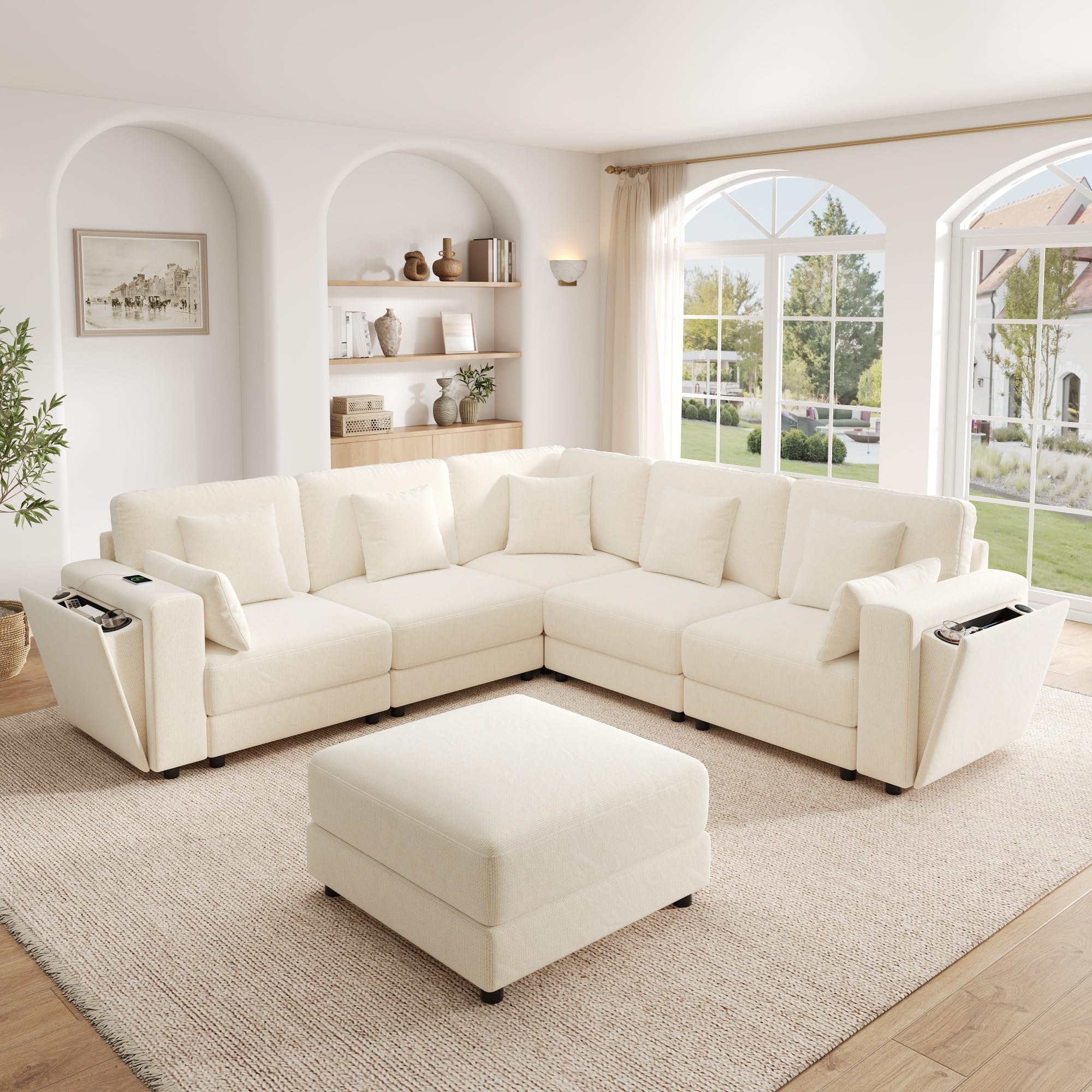 Sofá Modular en Esquina en Forma de L/U, 6 Plazas, Chenilla Gris, con Ottoman, Puertos USB y Tipo C, Portavasos, 215x215x82 cm (Beige + Chenille + 6 Seat)