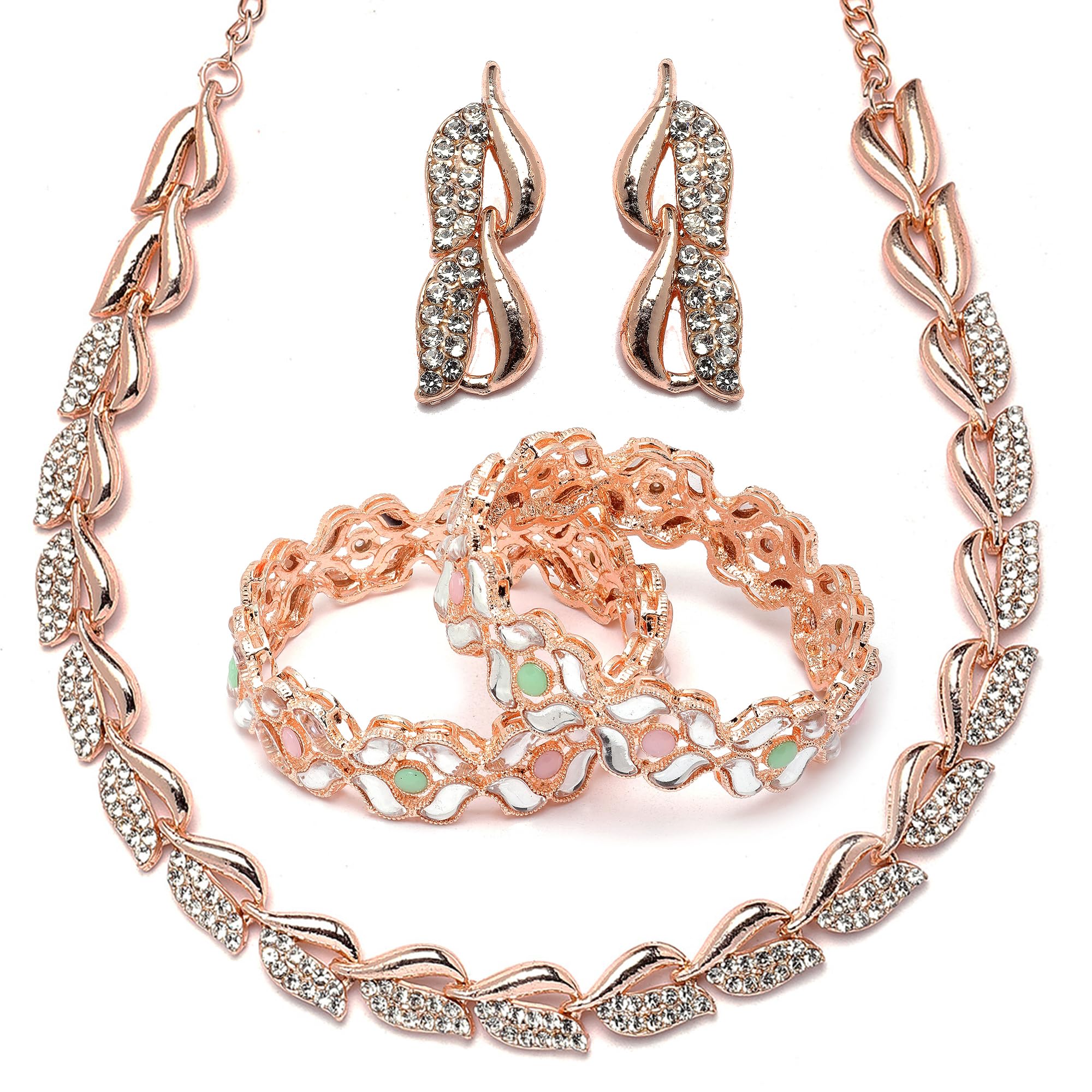 ZENEME Rose Gold-Plated Multi-Colour American Diamond studded Leaf Shaped Necklace with Earrings & Bangles Jewellery Set for Girls and Women (2.4) (B0C1VB6H88) Amazon Price History, Amazon Price Tracker