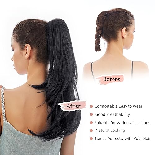 Miniatura 6 de HEWEICSY Extensión de cola de caballo, extensiones de cabello largo y rizado de 16 pulgadas, extensión de cabello sintético de aspecto natural para