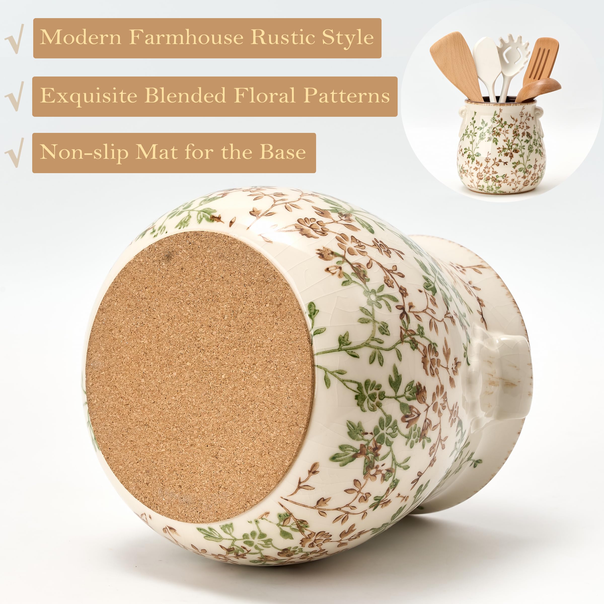 Porte-ustensiles pour comptoir de cuisine, support d'ustensiles de cuisine rustique moderne et rustique, organisateur d'ustensiles de cuisine exquis en chinoiserie en céramique pour décoration