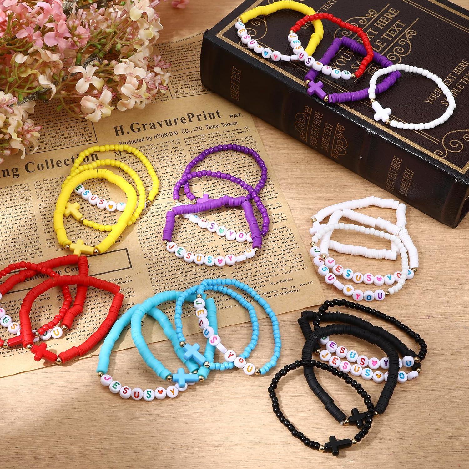 24 Pcs Jesus Bracelets, Jesus Loves You Bracelets Christian Bracelet Bulk Friendship Clay Bead Bracelet Bulk Stackable Elastic Inspirational Easter Gifts for Women Men - Image 4