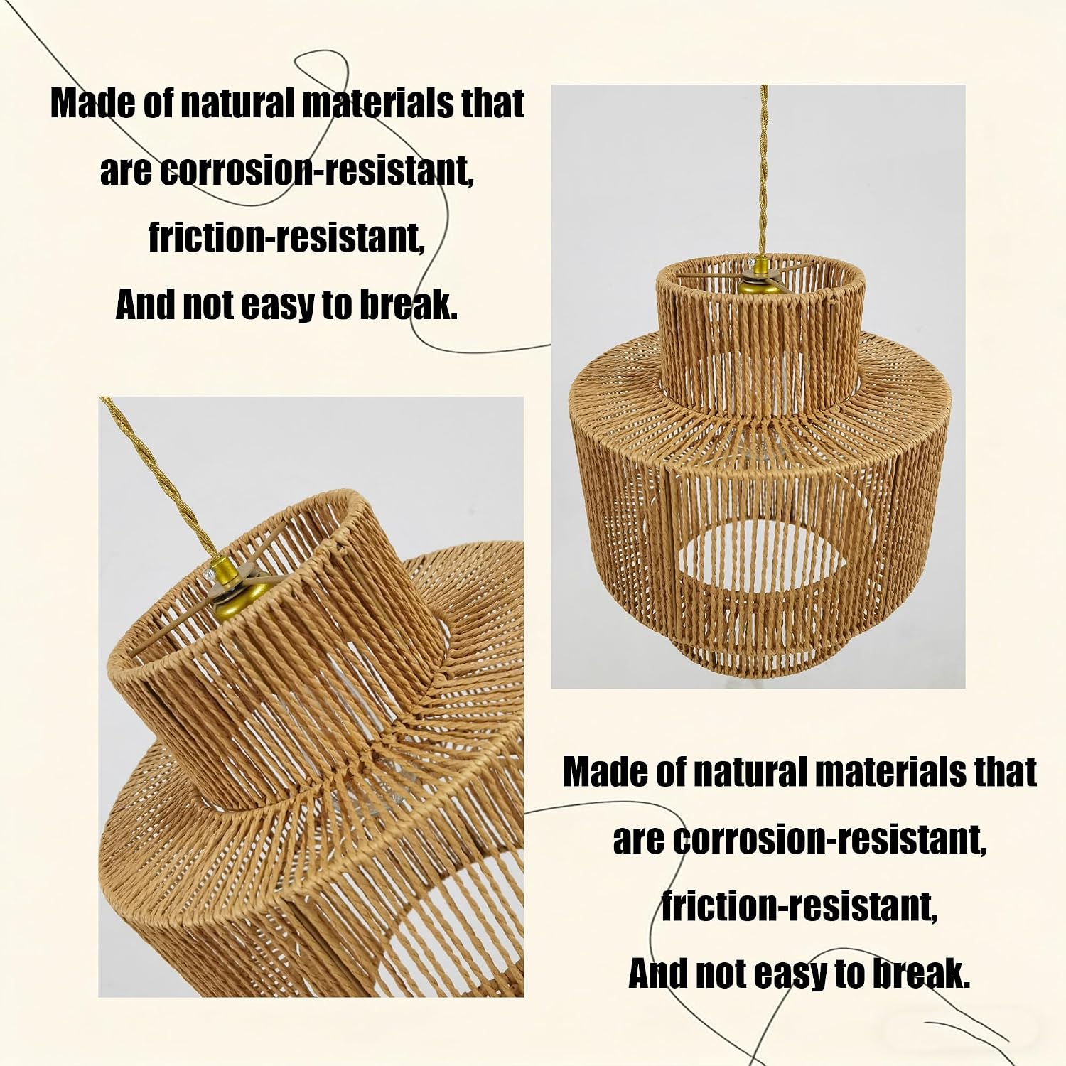 13" Boho Jute Pendant Light,Handwoven Natural Hanging Lamp Wicker Ceiling Hanging Light Fixture Vintage for Bedroom Living Room Kitchen lsland,3-tier Drum Hemp Rope Chandelier Lighting Rattan Fixture