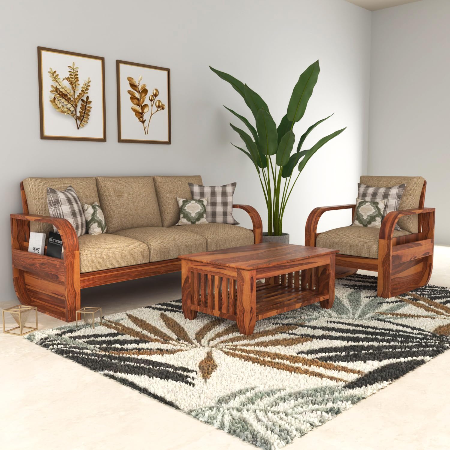 MetalTree Solid Sheesham Wood 4 Seater Sofa Set | Wooden Sofa Set for Your Living Room with Brown Cushions | Four Seater Sofa Set for Home (3+1 Honey Finish)-image-48