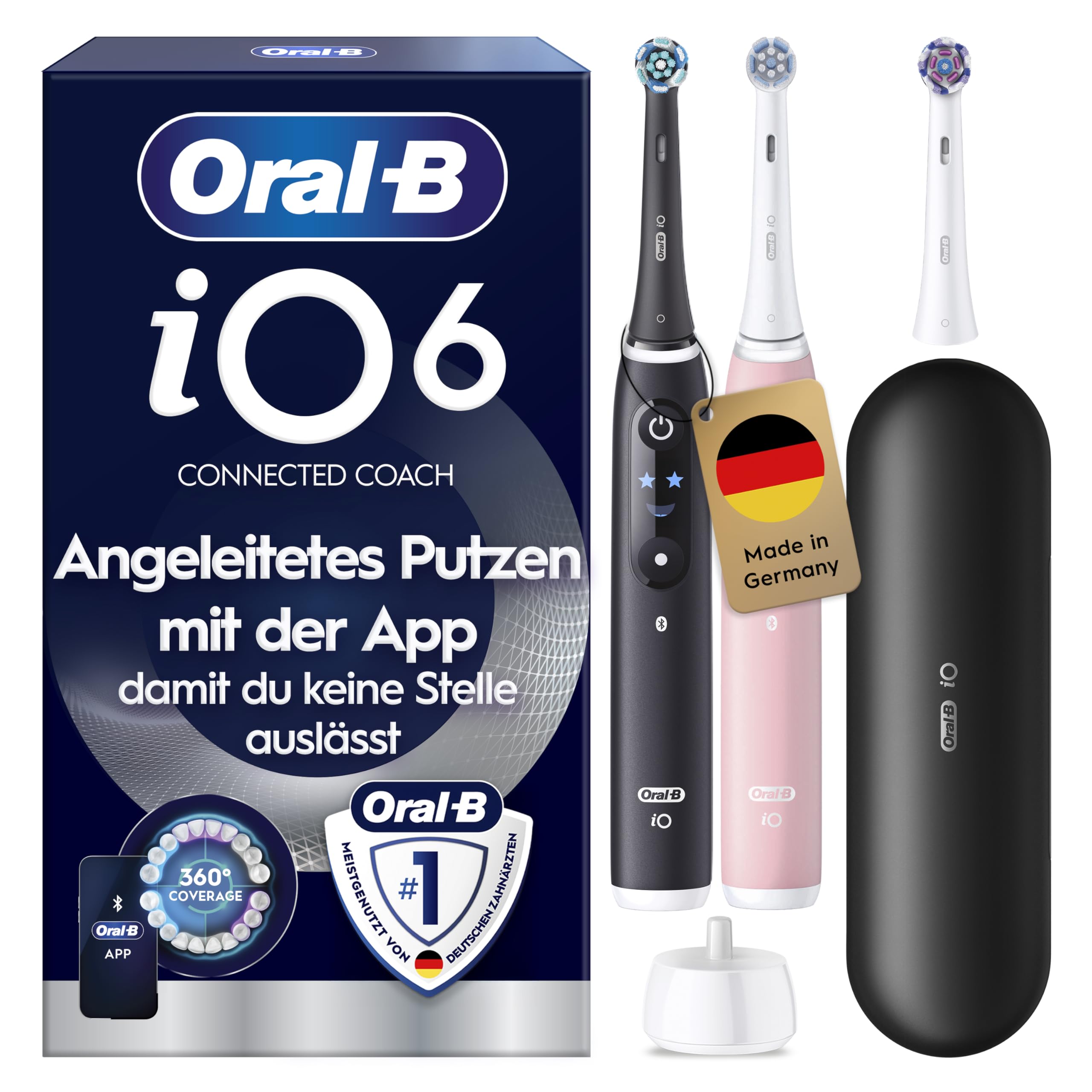 Oral-B iO Series 6 Elektrische Zahnbürste — Doppelpack — Electric Toothbrush, Inkl. 3 Aufsteckbürsten, Reise-Etui — 5 Putzmodi für Zahnpflege, Zahnbürste Elektrisch, Designed by Braun — Schwarz/Rosa